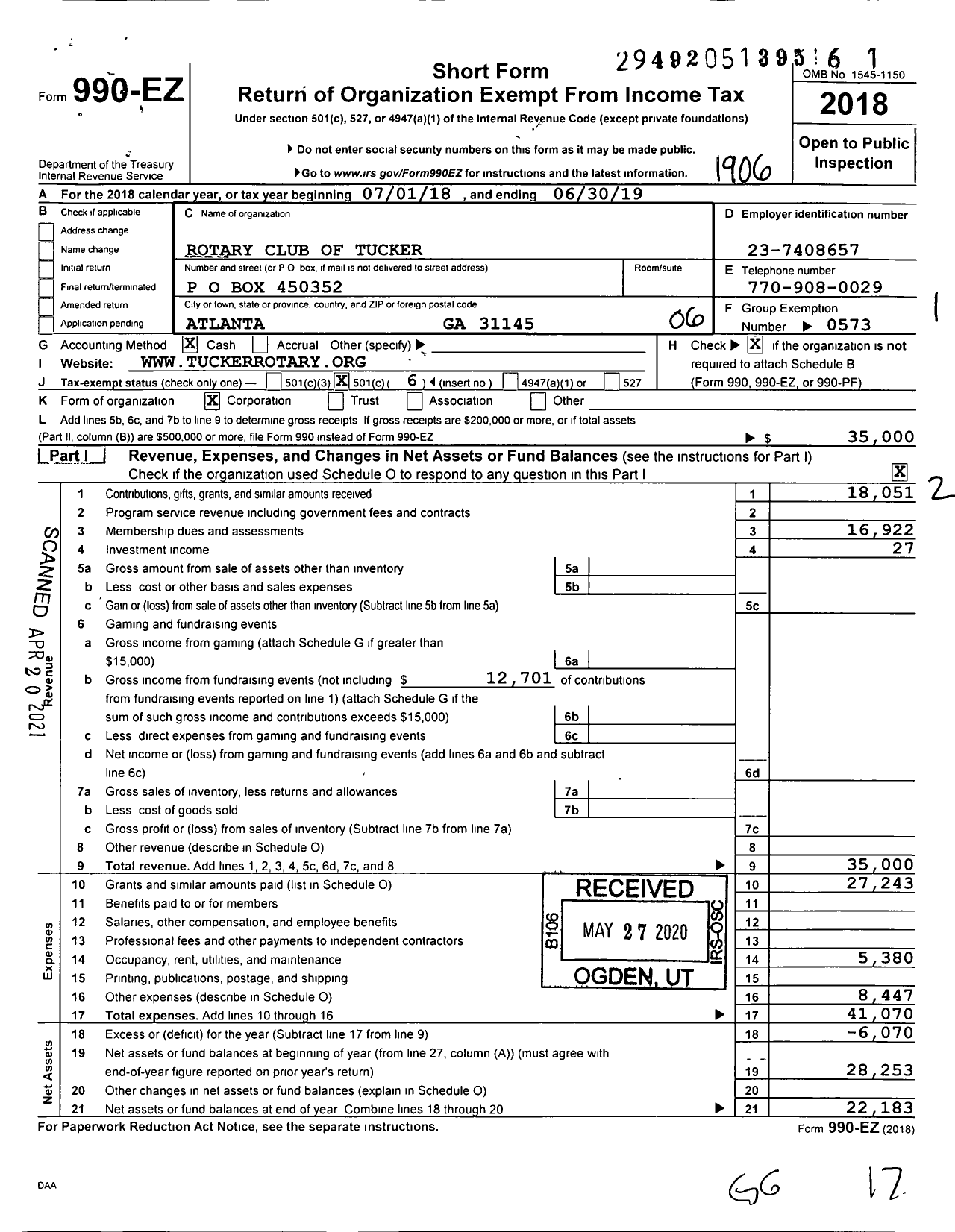 Image of first page of 2018 Form 990EO for Rotary International - Rotary Club of Tucker