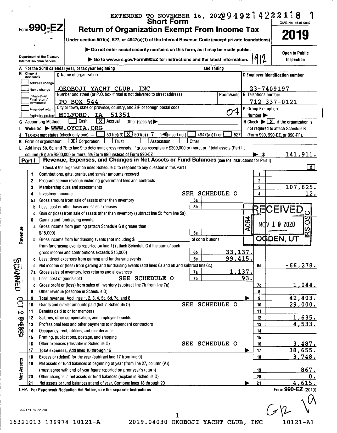 Image of first page of 2019 Form 990EO for Okoboji Yacht Club