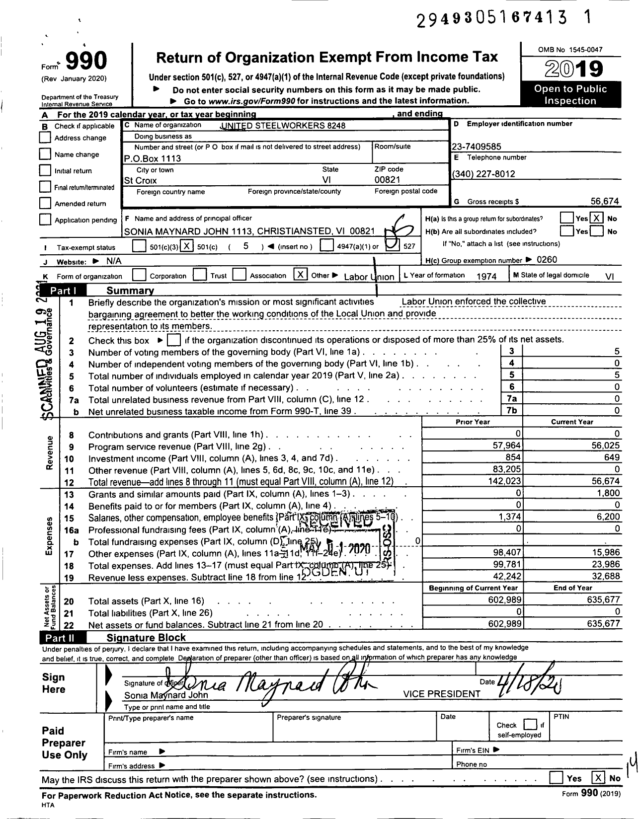 Image of first page of 2019 Form 990O for United Steelworkers - Uaw Local 8248