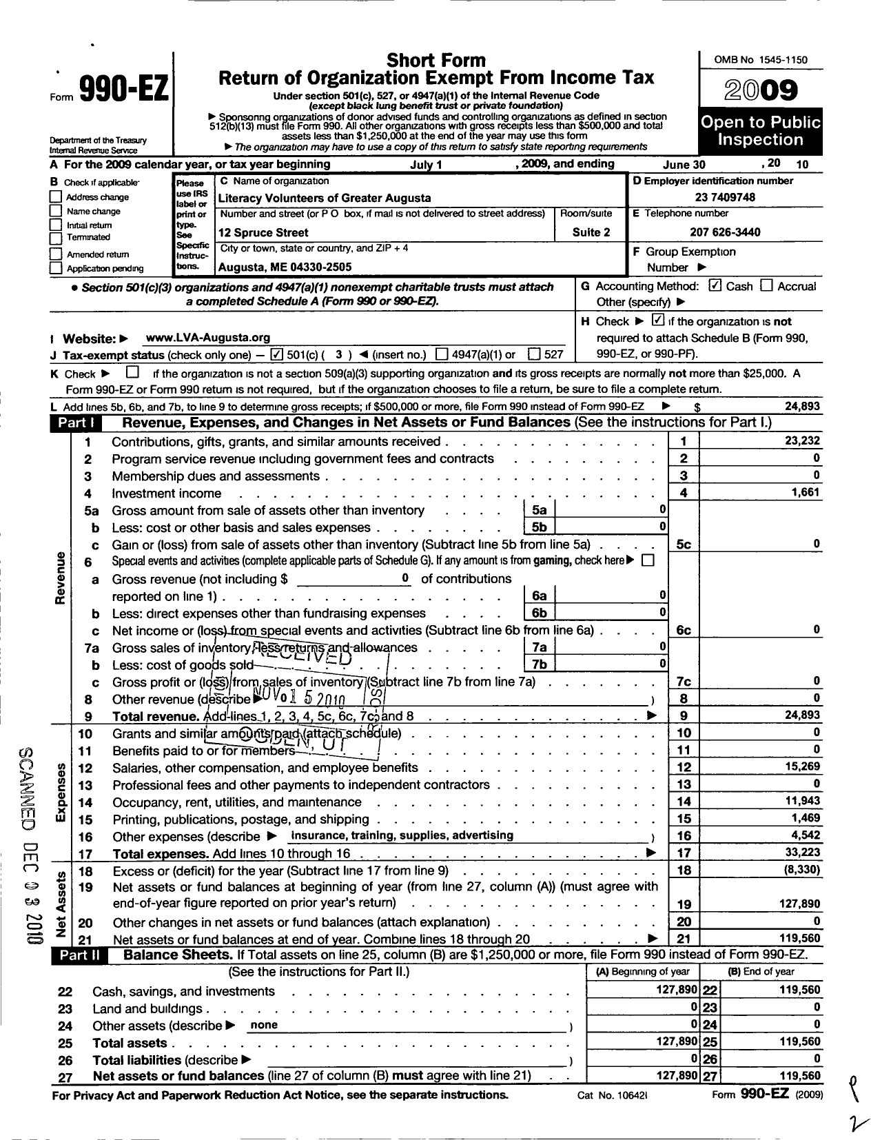 Image of first page of 2009 Form 990EZ for Literacy Volunteers of Kennebec