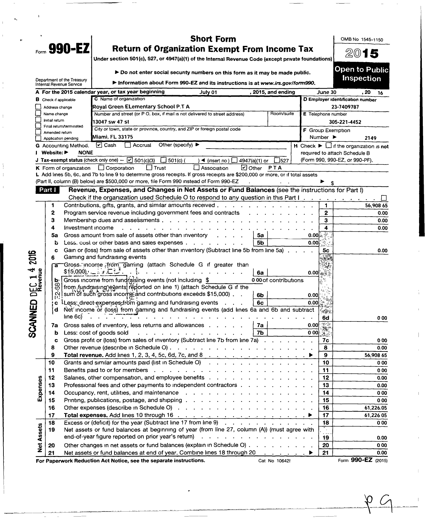 Image of first page of 2015 Form 990EZ for PTA Florida Congress