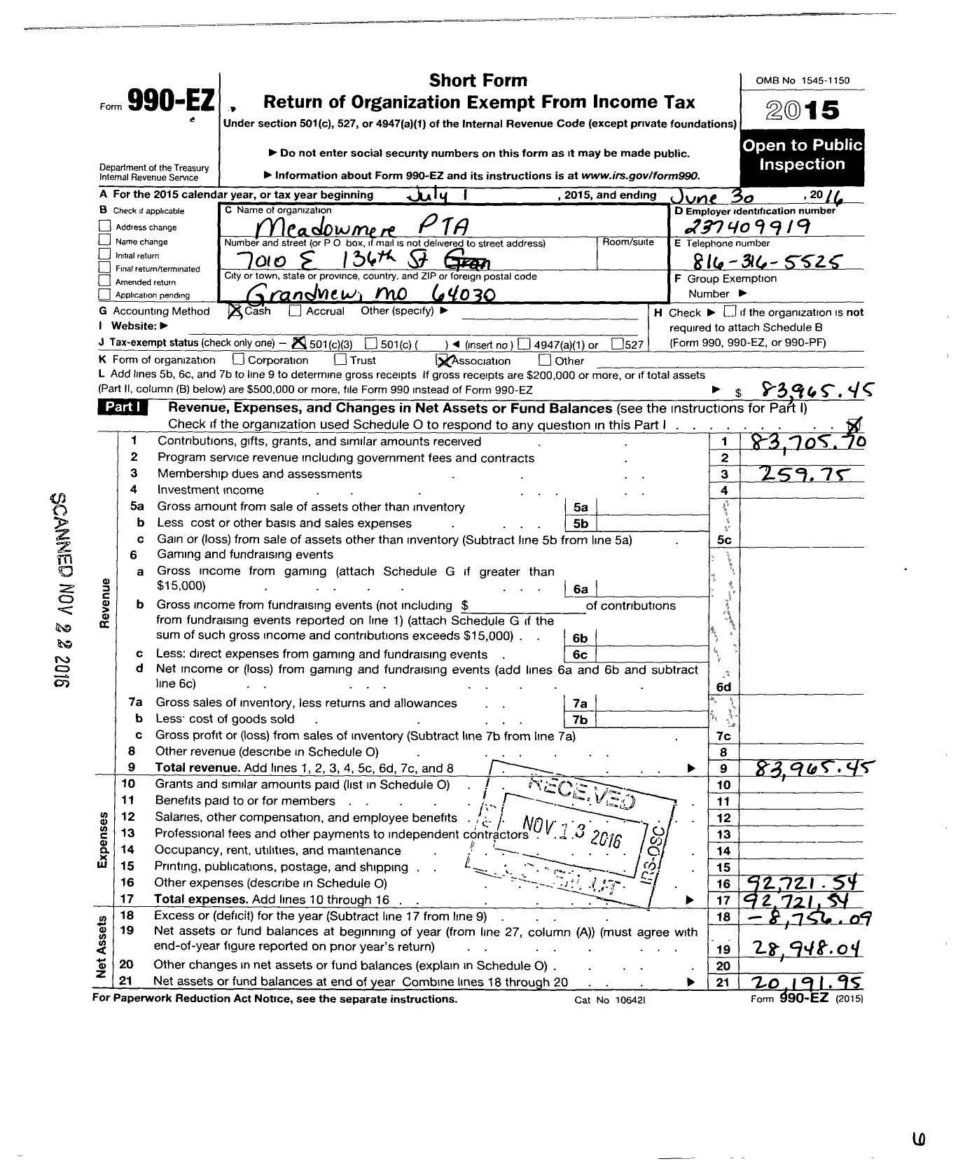 Image of first page of 2015 Form 990EZ for PTA Missouri Congress / Meadowmere PTA