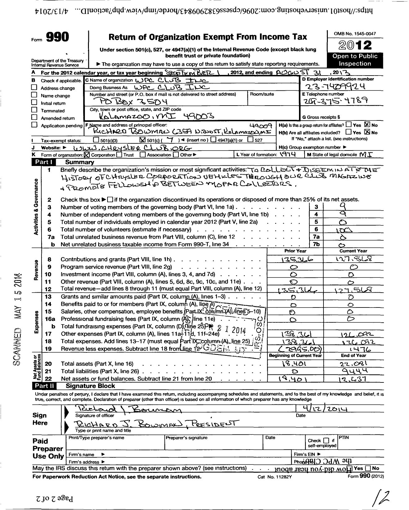 Image of first page of 2012 Form 990O for WPC Club