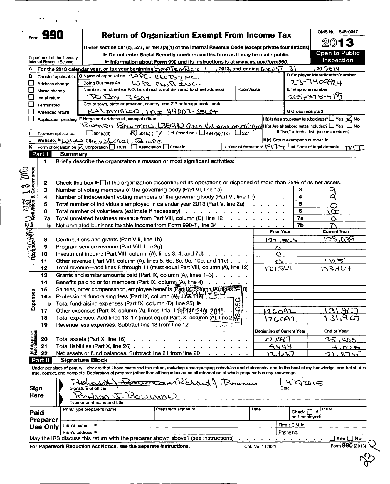 Image of first page of 2013 Form 990O for WPC Club