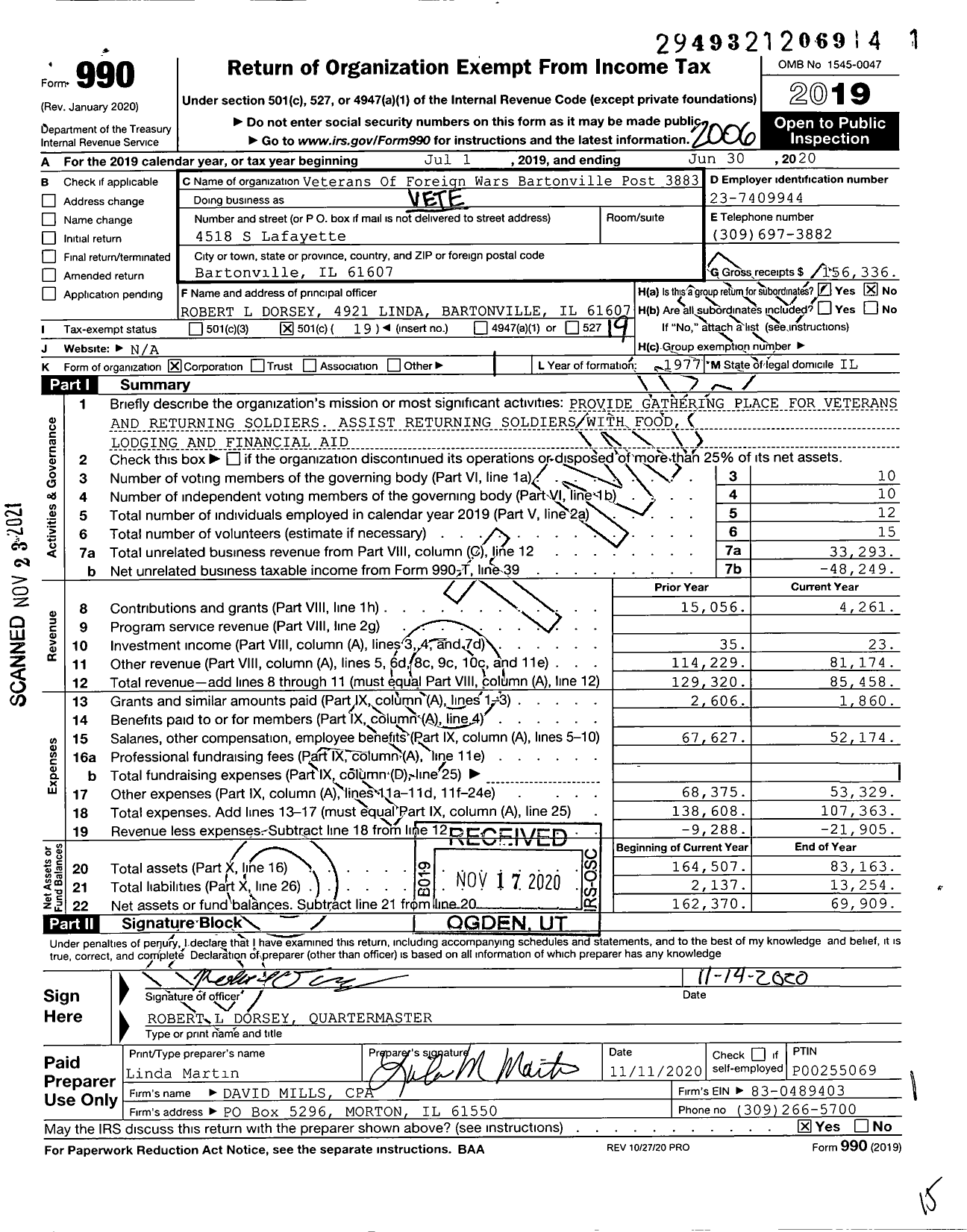 Image of first page of 2019 Form 990O for VFW Dept Of Illinois - 3883 Bartonville Post