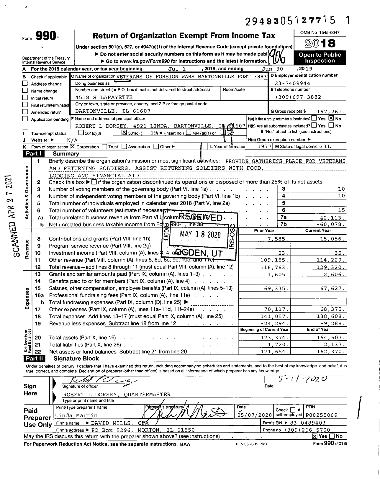 Image of first page of 2018 Form 990O for VFW Dept Of Illinois - 3883 Bartonville Post