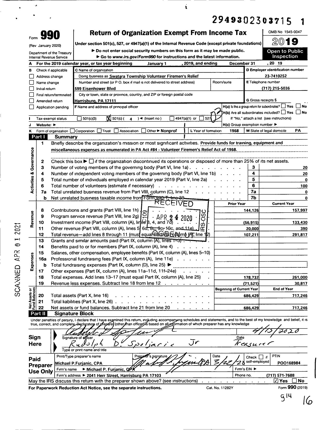 Image of first page of 2019 Form 990 for Swatara Township Volunteer Fireman's Relief