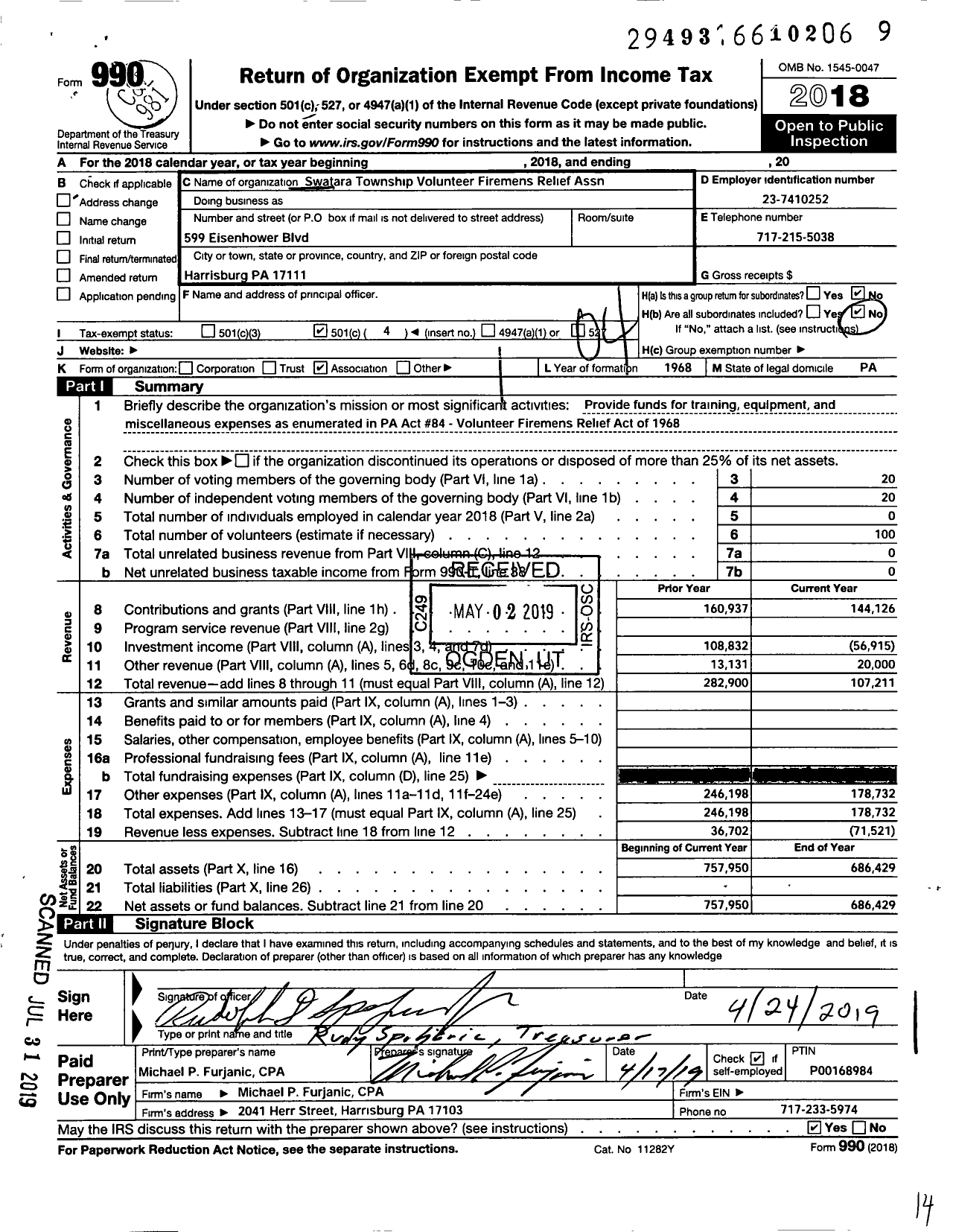 Image of first page of 2018 Form 990O for Swatara Township Volunteer Fireman's Relief