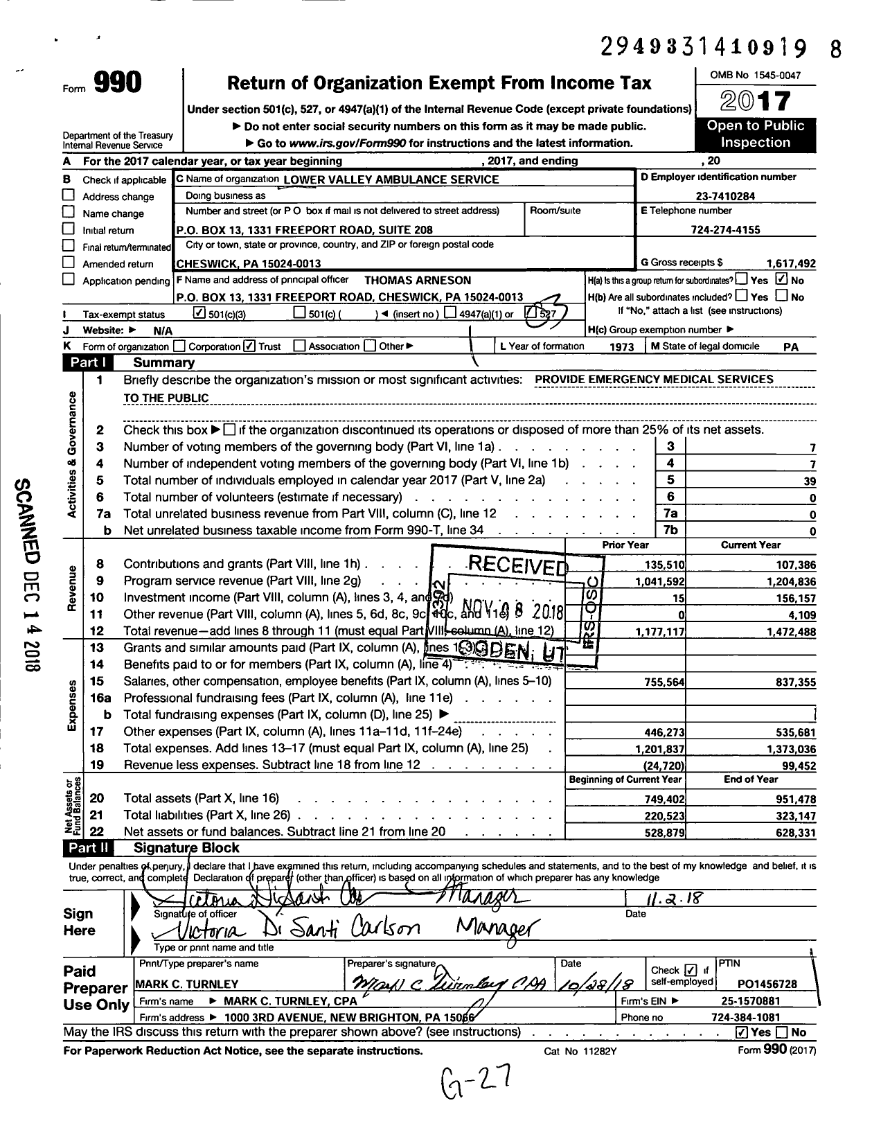 Image of first page of 2017 Form 990 for Lower Valley Ambulance Service