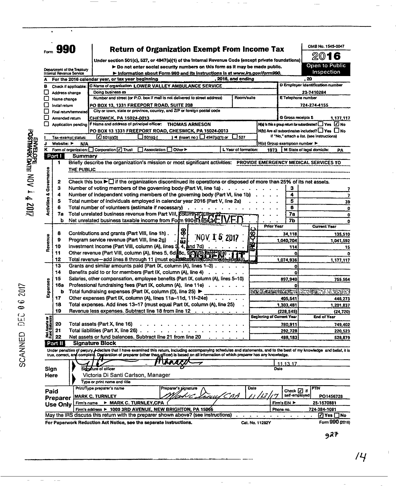 Image of first page of 2016 Form 990 for Lower Valley Ambulance Service