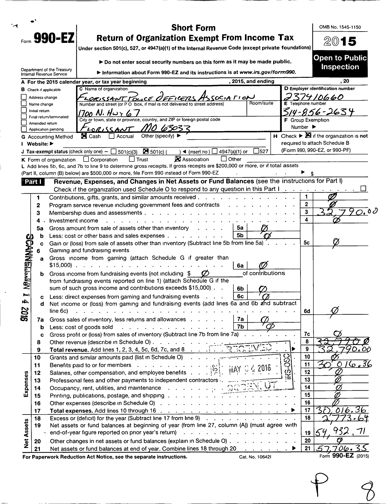 Image of first page of 2015 Form 990EO for Fraternal Order of Police - 25 Florissant Pol Off Assc