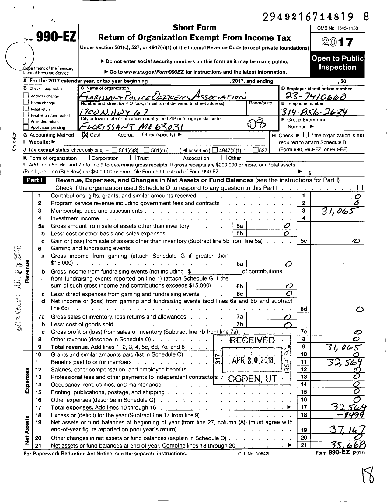 Image of first page of 2017 Form 990EO for Fraternal Order of Police - 25 Florissant Pol Off Assc