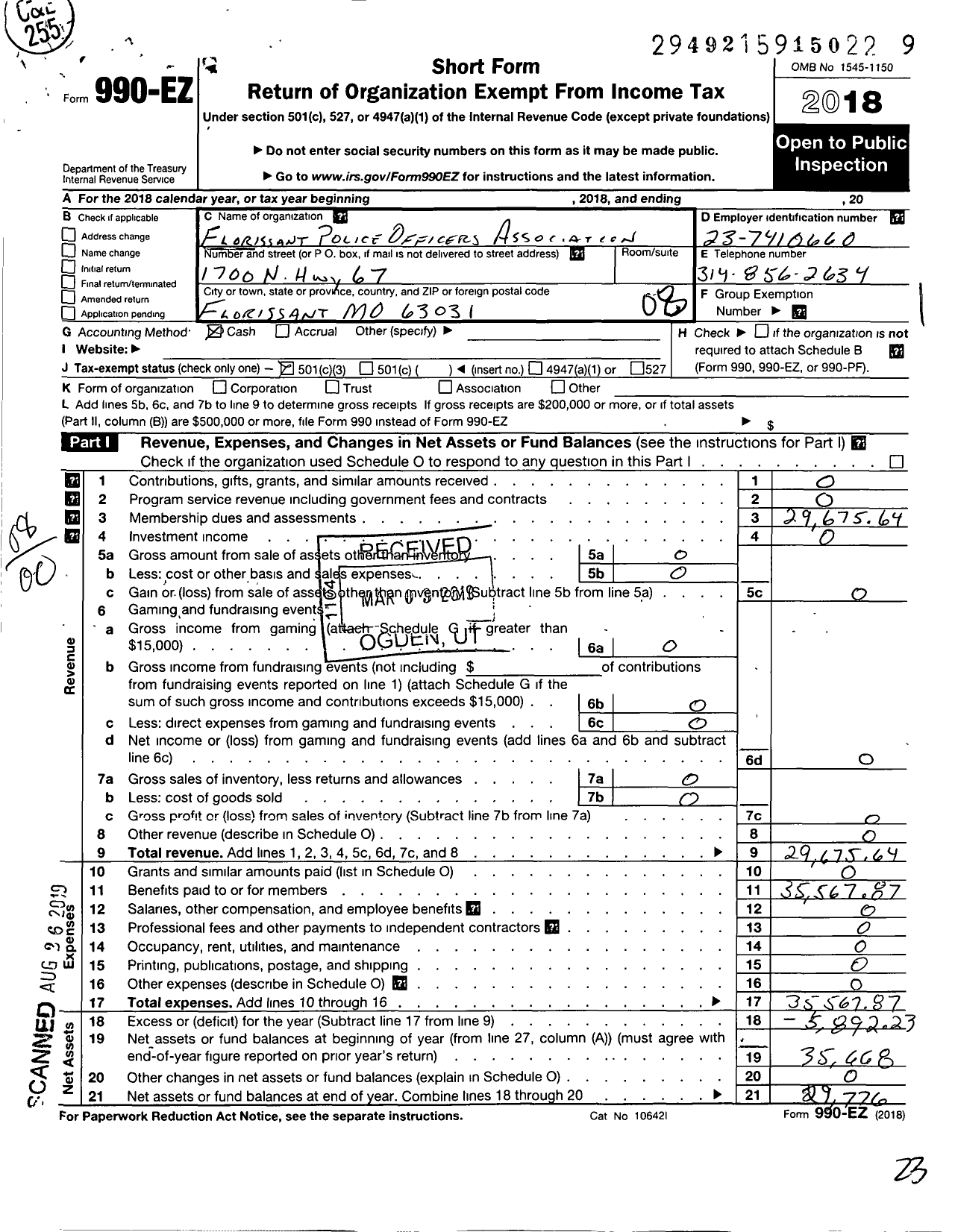 Image of first page of 2018 Form 990EO for Fraternal Order of Police - 25 Florissant Pol Off Assc