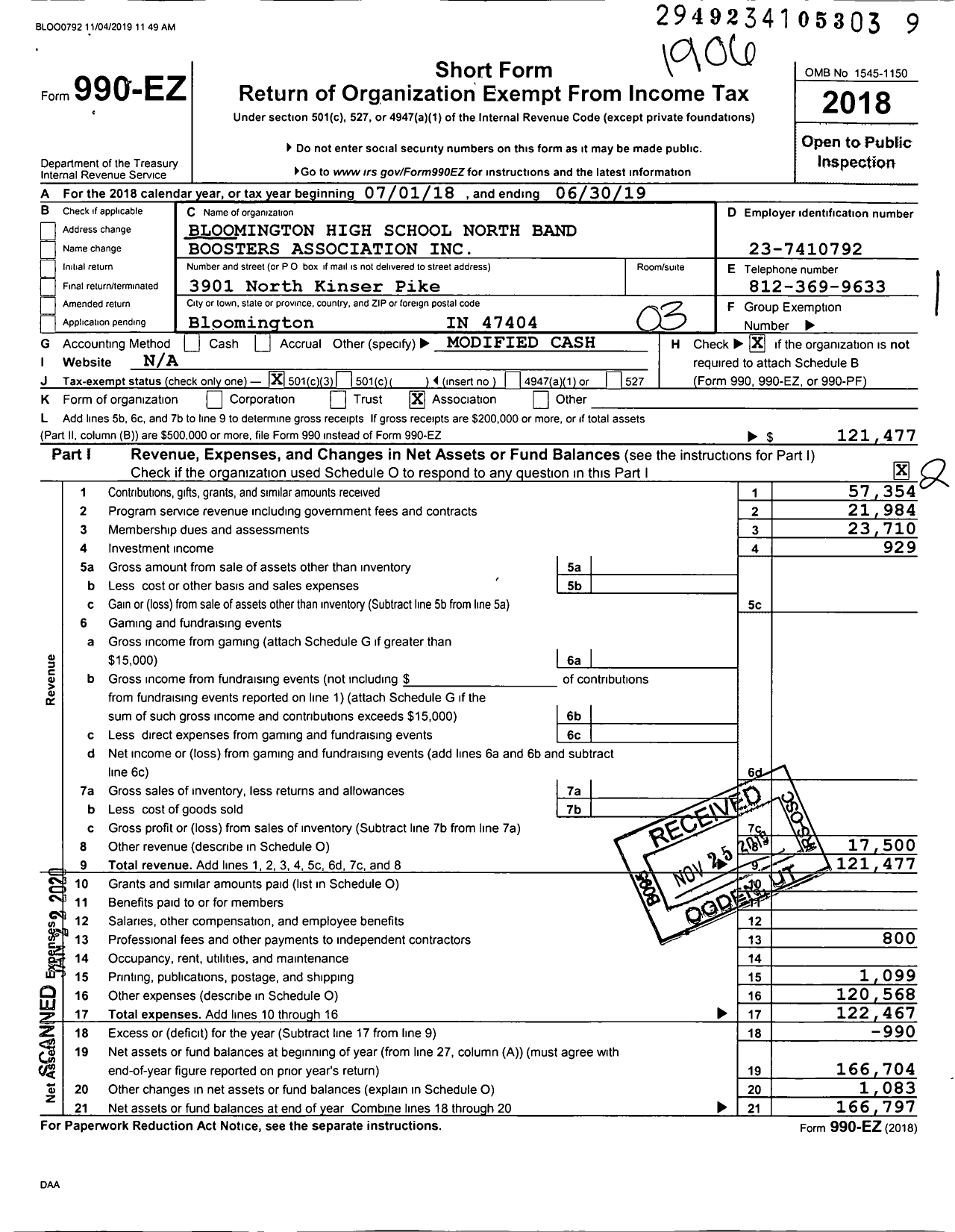 Image of first page of 2018 Form 990EZ for Bloomington High School North Band Boosters Association