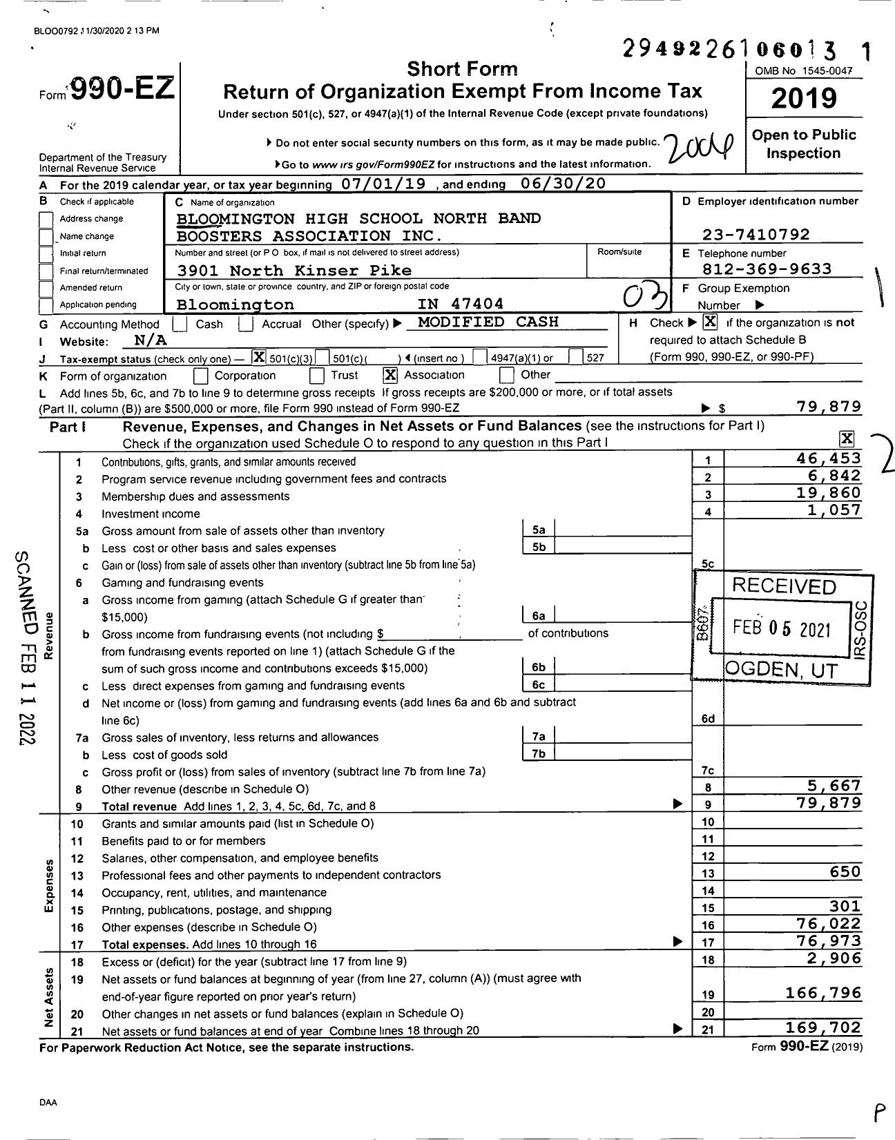 Image of first page of 2019 Form 990EZ for Bloomington High School North Band Boosters Association