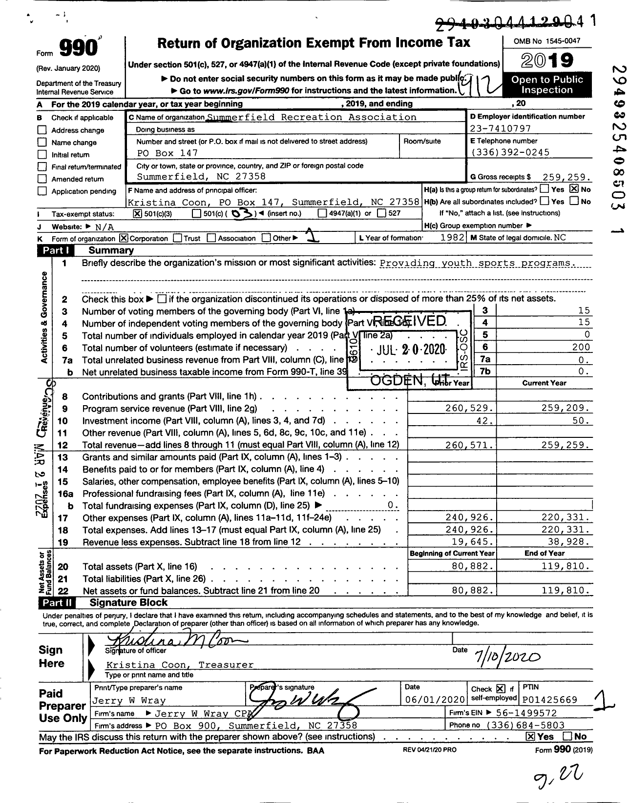 Image of first page of 2019 Form 990 for Summerfield Recreation Association