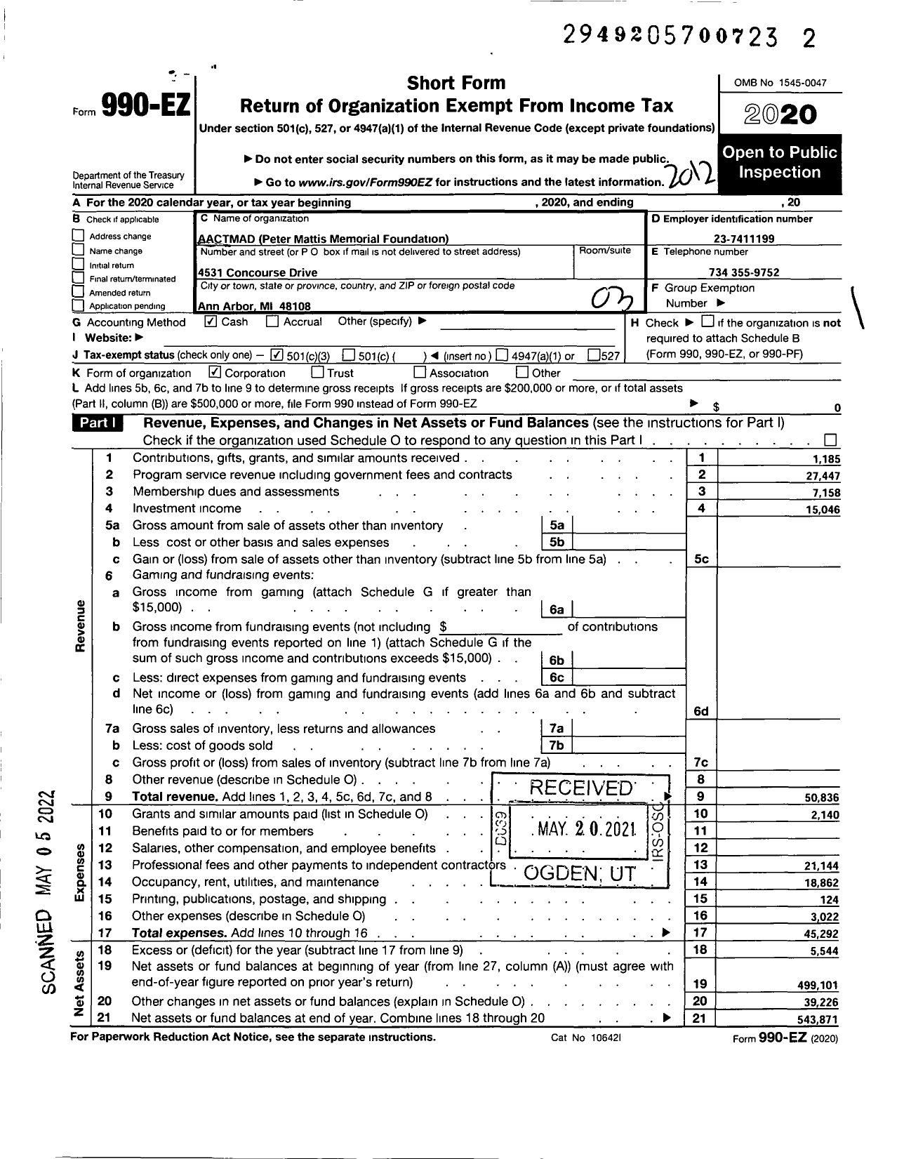 Image of first page of 2020 Form 990EZ for Aactmad