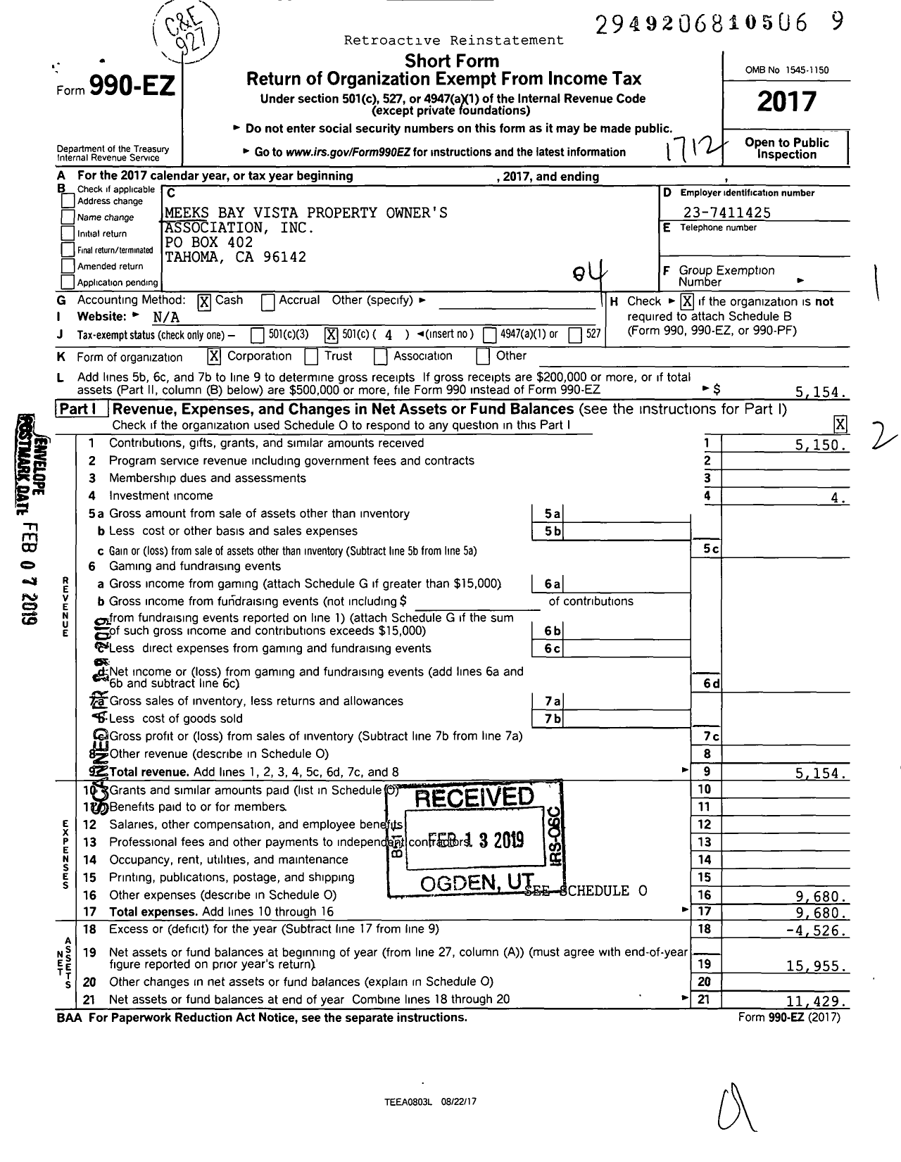 Image of first page of 2017 Form 990EO for Meeks Bay Vista Property Owners Association