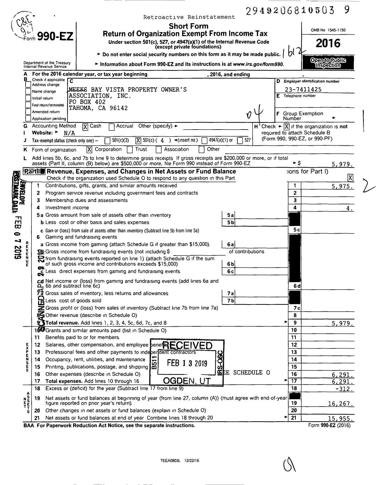 Image of first page of 2016 Form 990EO for Meeks Bay Vista Property Owners Association