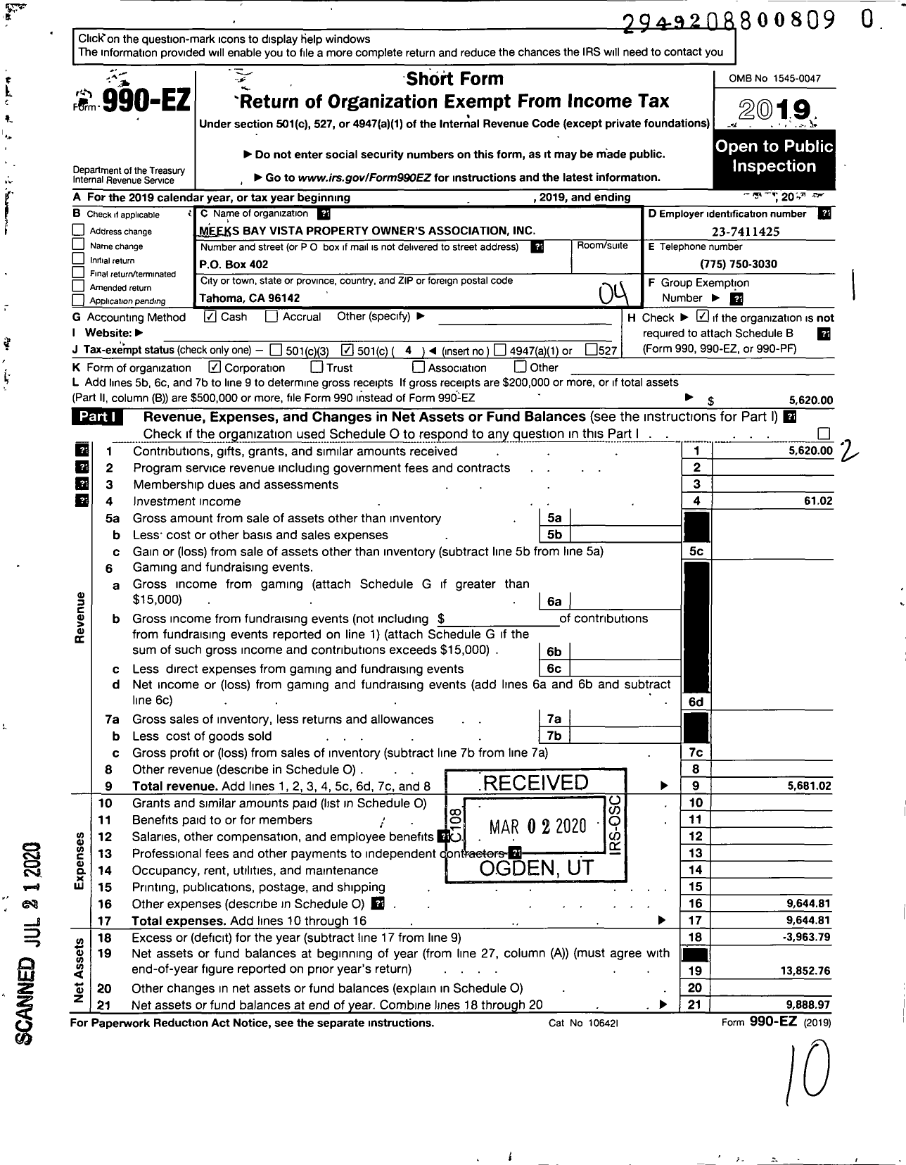 Image of first page of 2020 Form 990EO for Meeks Bay Vista Property Owners Association