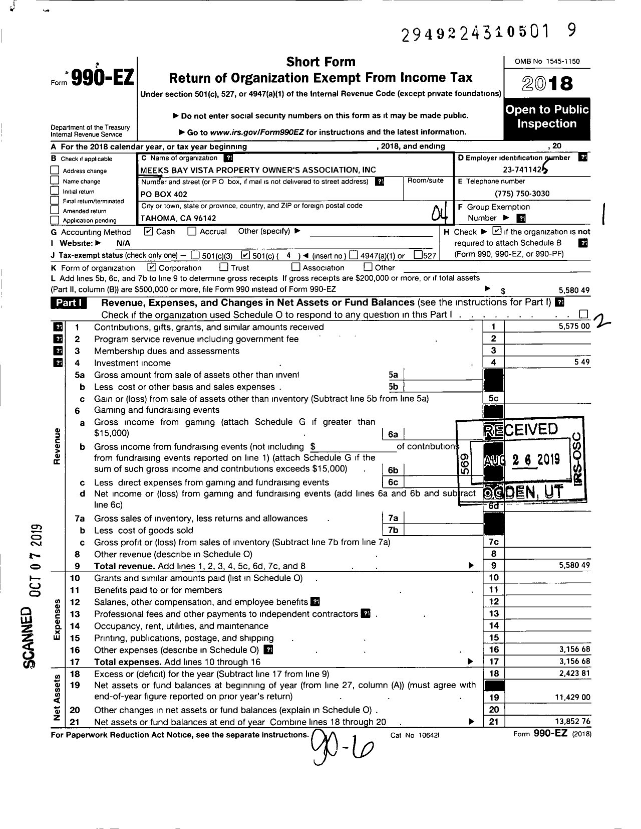 Image of first page of 2018 Form 990EO for Meeks Bay Vista Property Owners Association