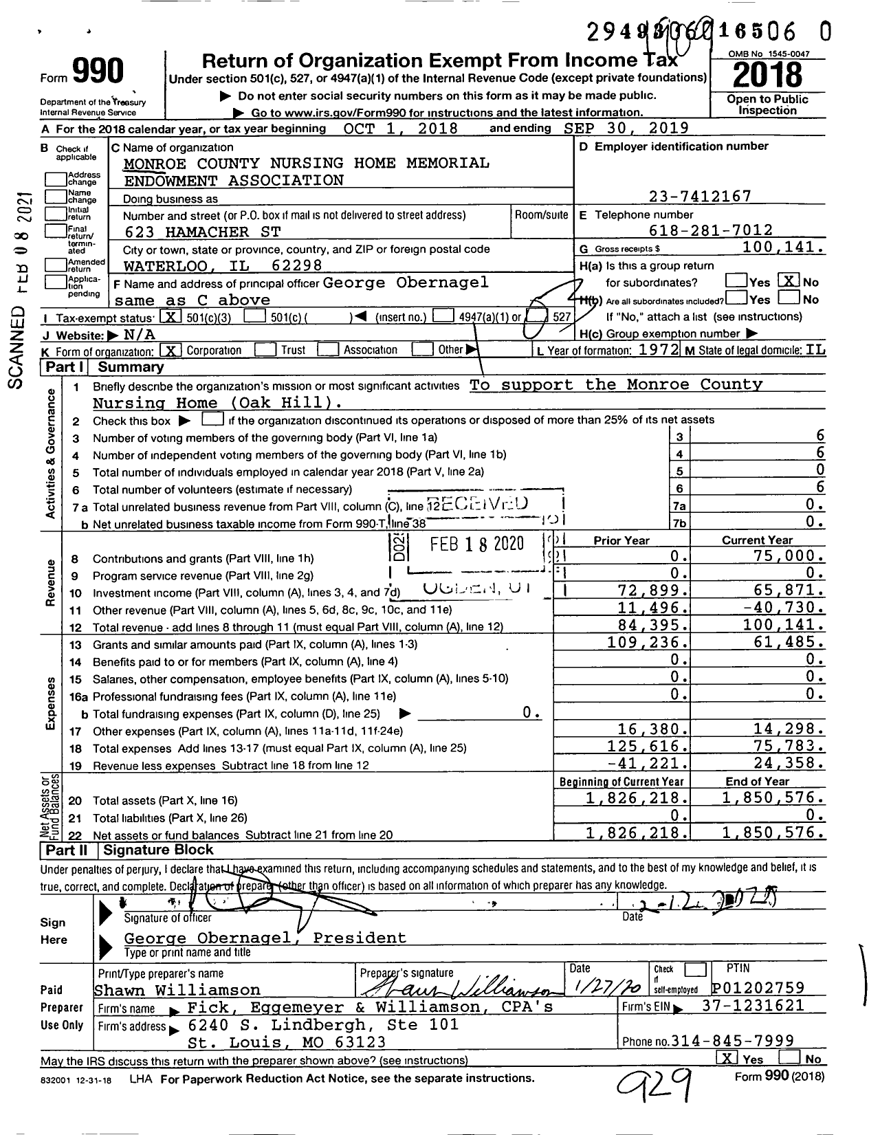 Image of first page of 2018 Form 990 for Monroe County Nursing Home Memorial Endowment