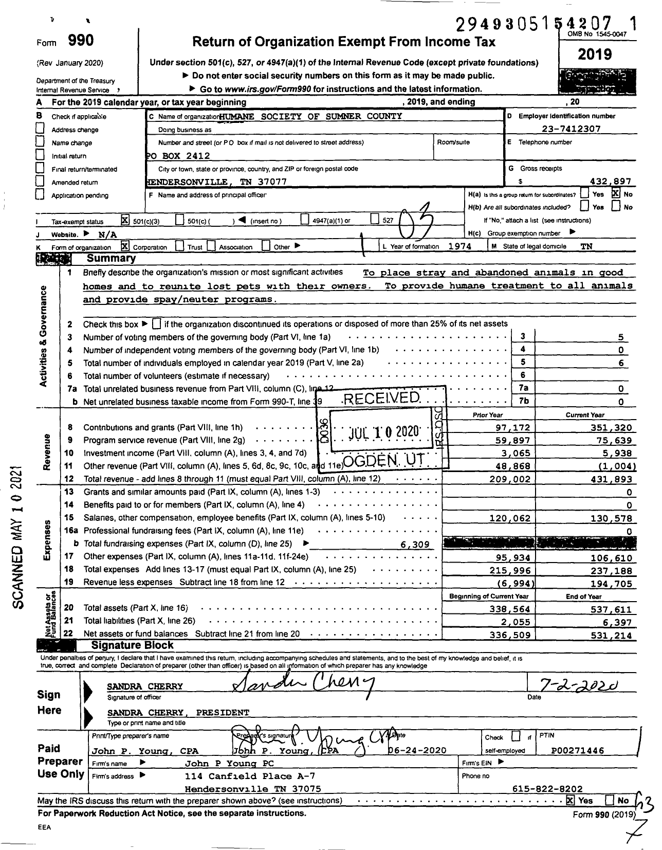 Image of first page of 2019 Form 990 for Humane Society of Sumner County