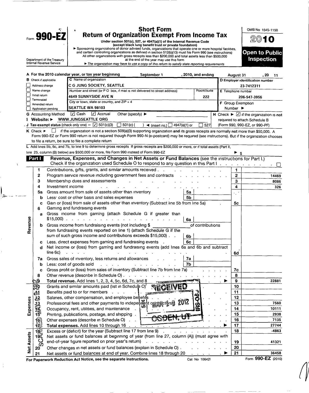 Image of first page of 2010 Form 990EZ for C G Jung Society Seattle