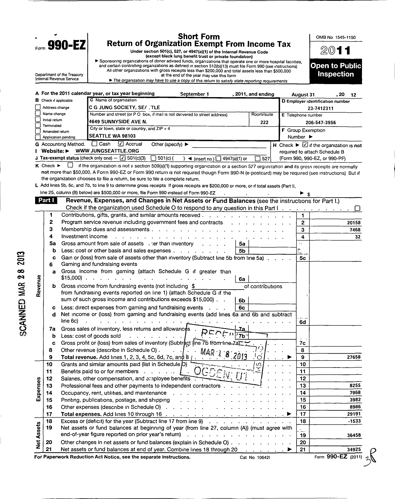 Image of first page of 2011 Form 990EZ for C G Jung Society Seattle