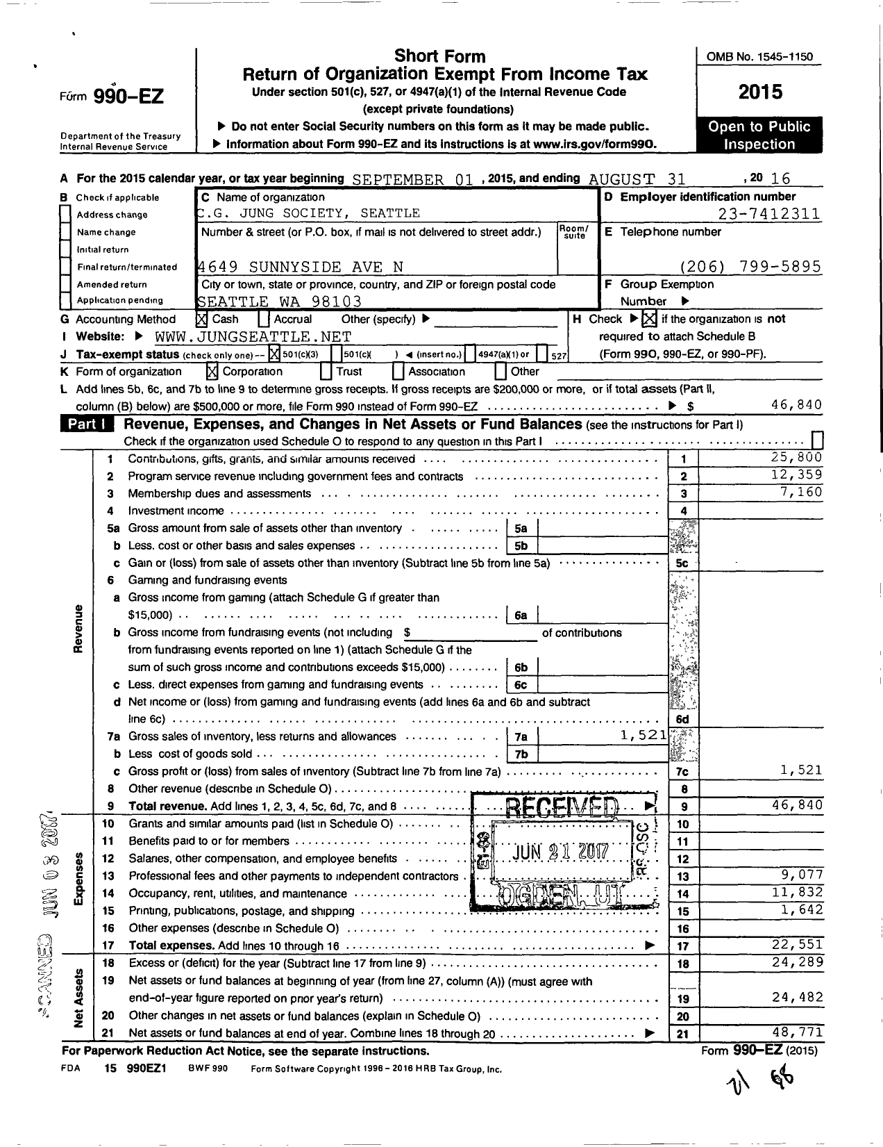 Image of first page of 2015 Form 990EZ for C G Jung Society Seattle