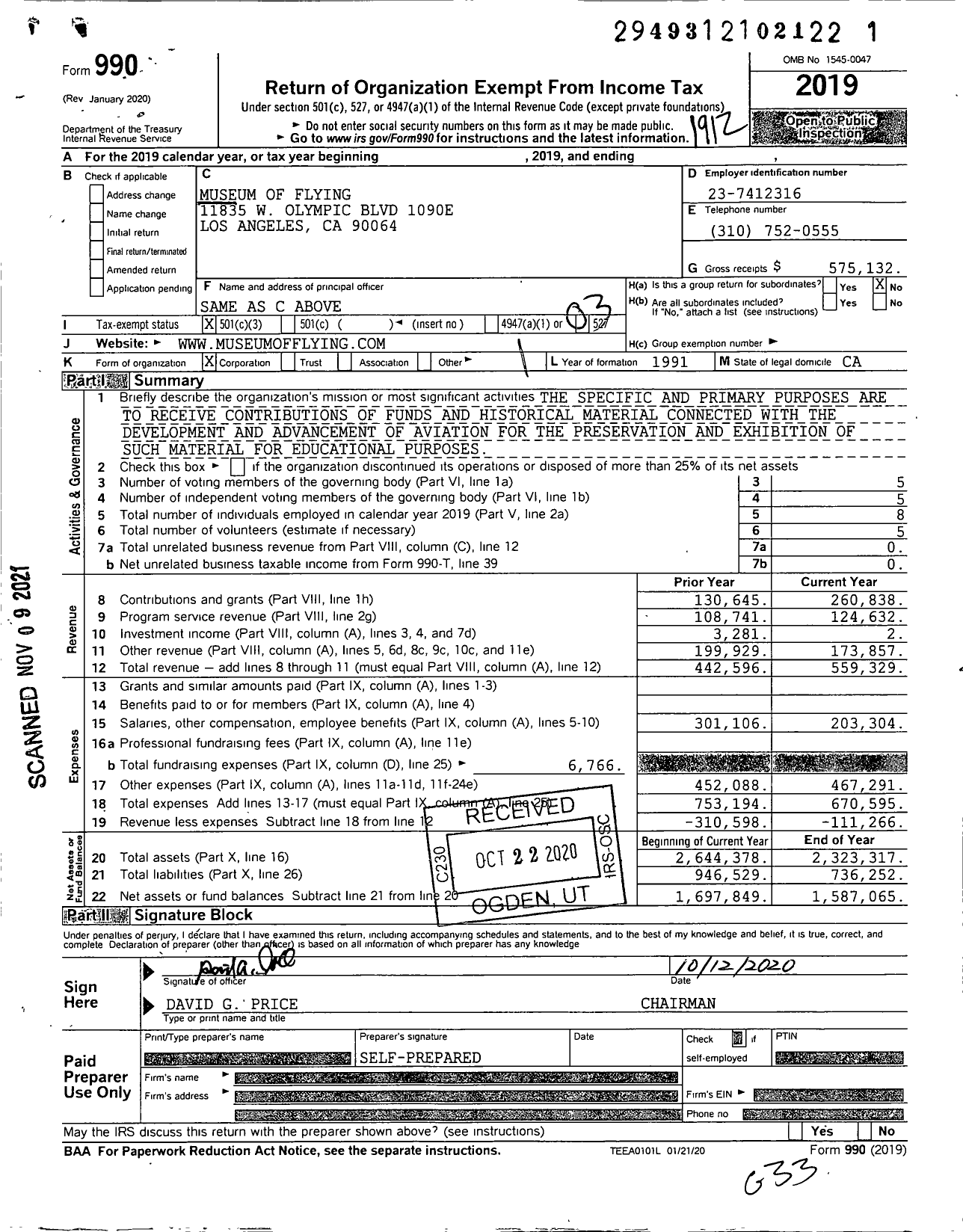 Image of first page of 2019 Form 990 for Museum of Flying