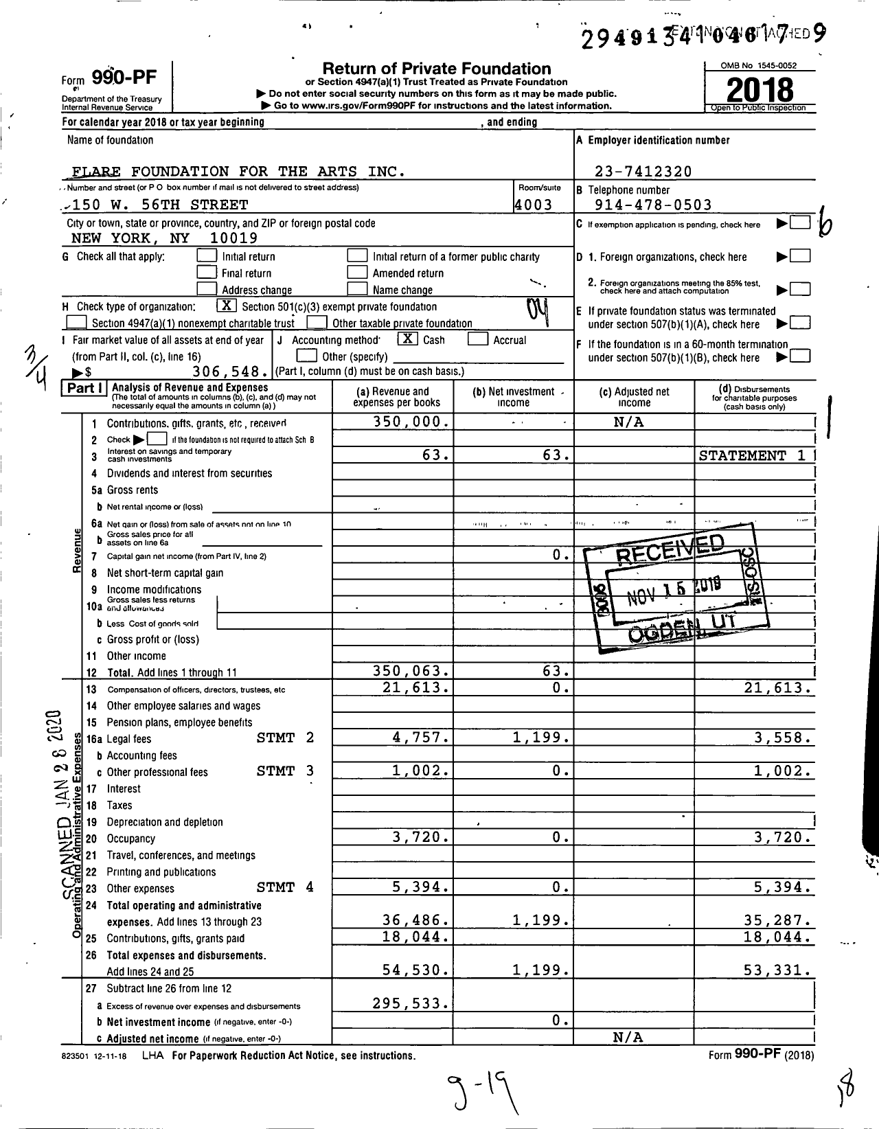 Image of first page of 2018 Form 990PF for Flare Foundation for the Arts