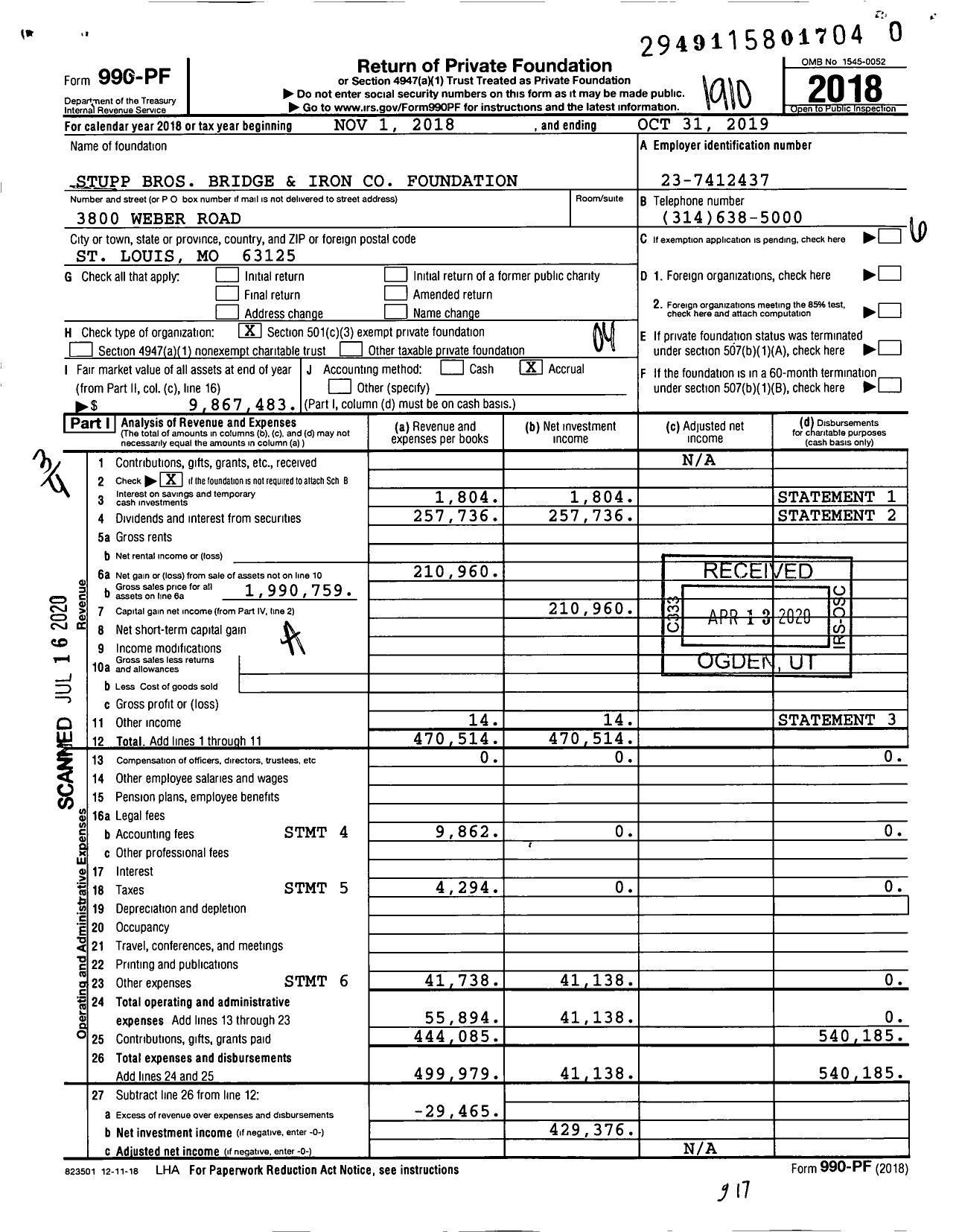 Image of first page of 2018 Form 990PR for Stupp Bros Bridge and Iron Foundation