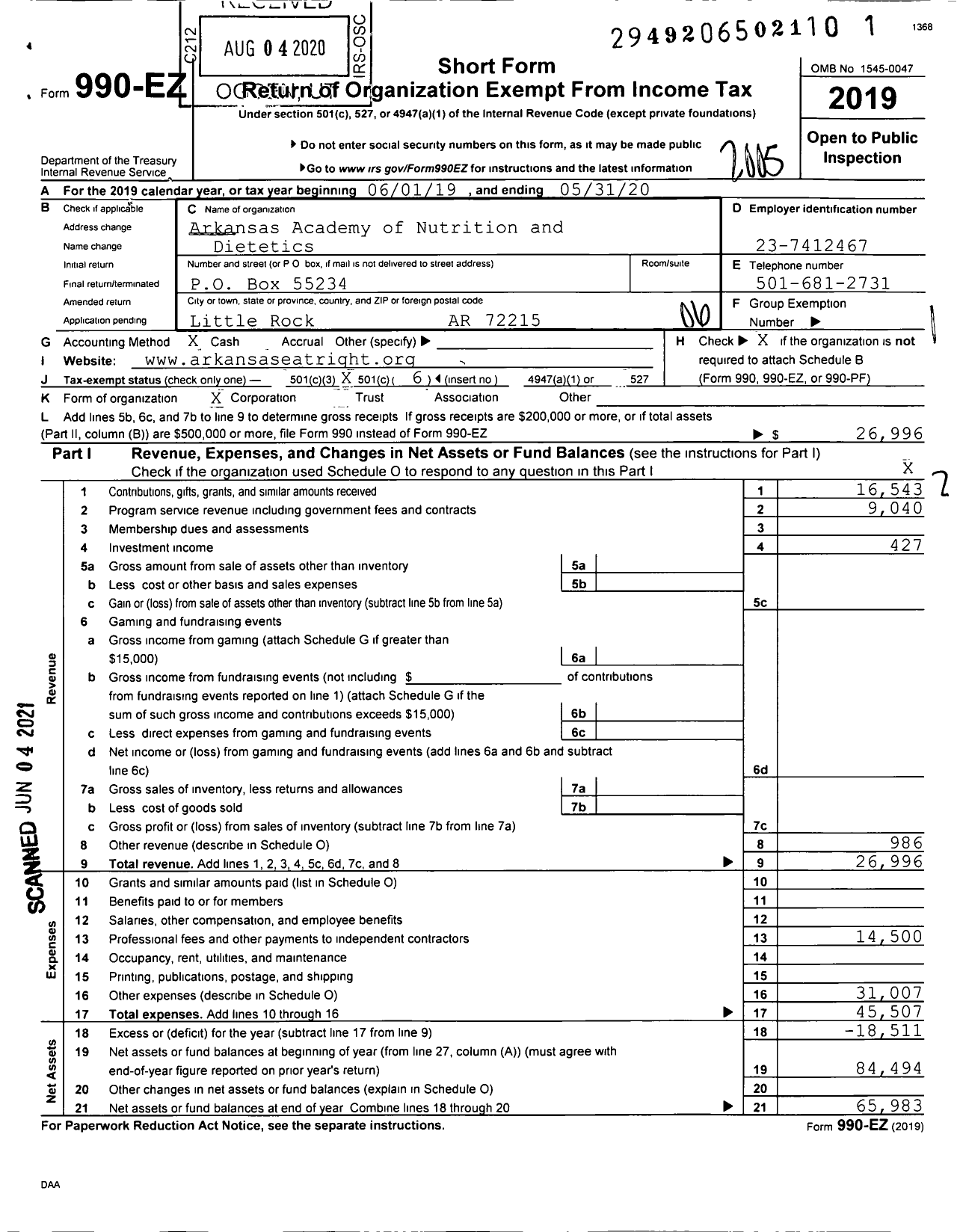 Image of first page of 2019 Form 990EO for Arkansas Academy of Nutrition and Dietetics