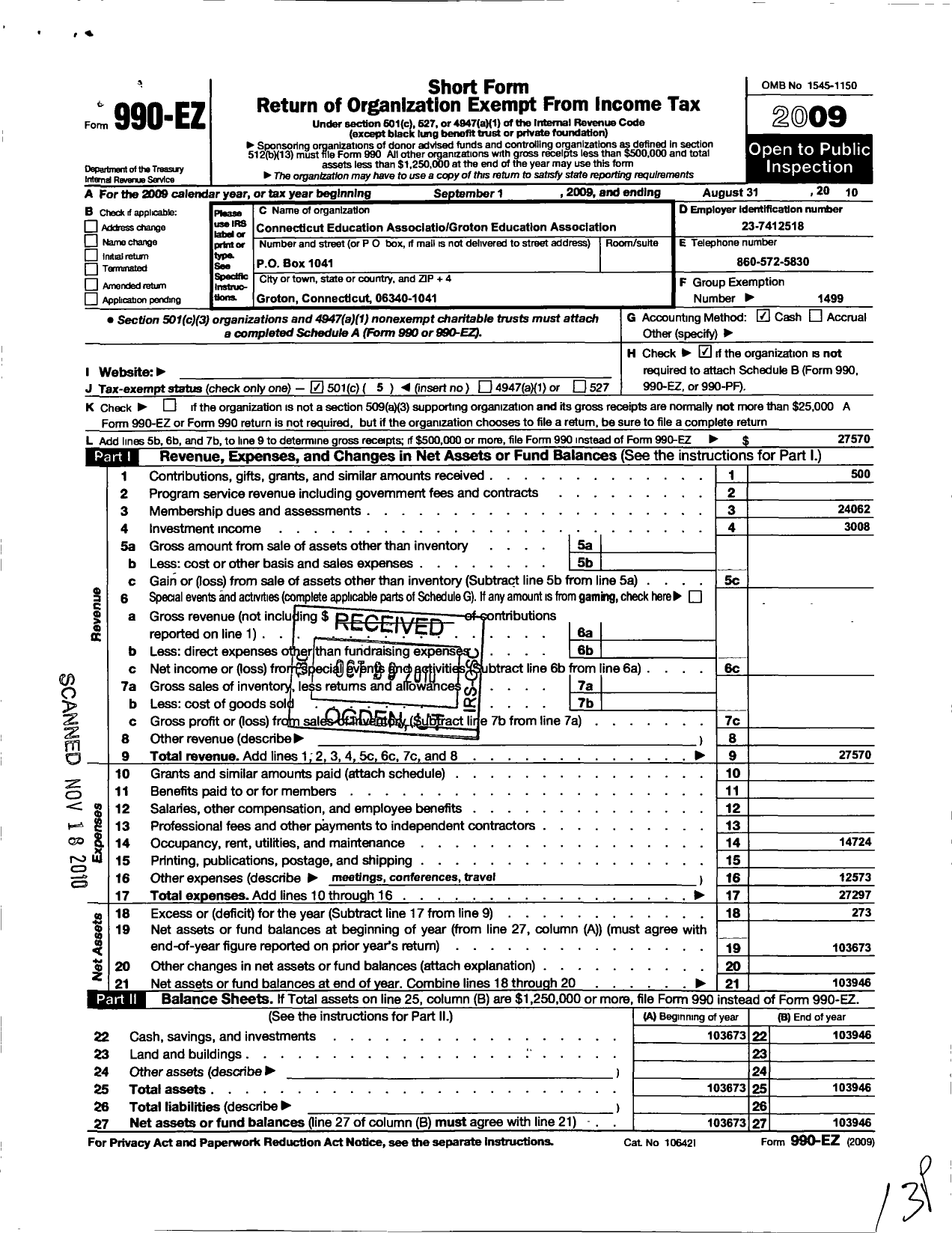 Image of first page of 2009 Form 990EO for Connecticut Education Association - Groton Education Association