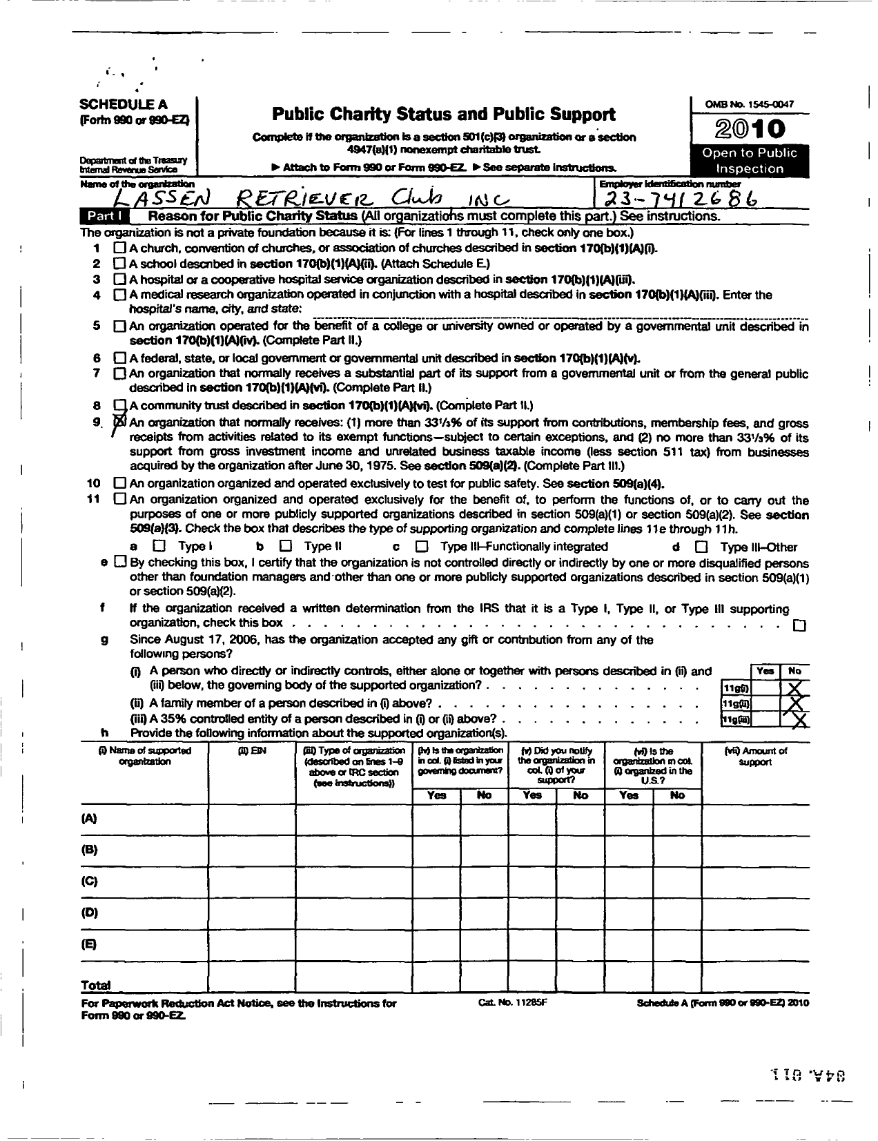 Image of first page of 2010 Form 990ER for Lassen Retriever Club