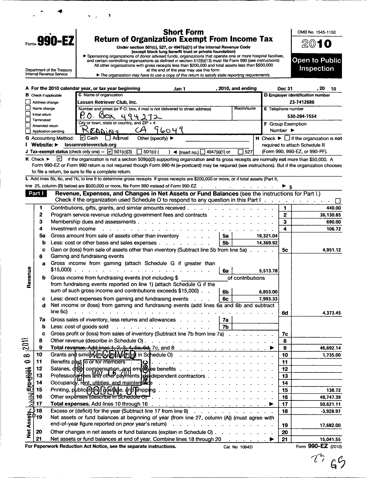 Image of first page of 2010 Form 990EZ for Lassen Retriever Club