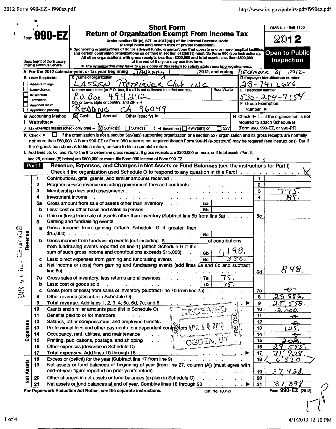 Image of first page of 2012 Form 990EZ for Lassen Retriever Club