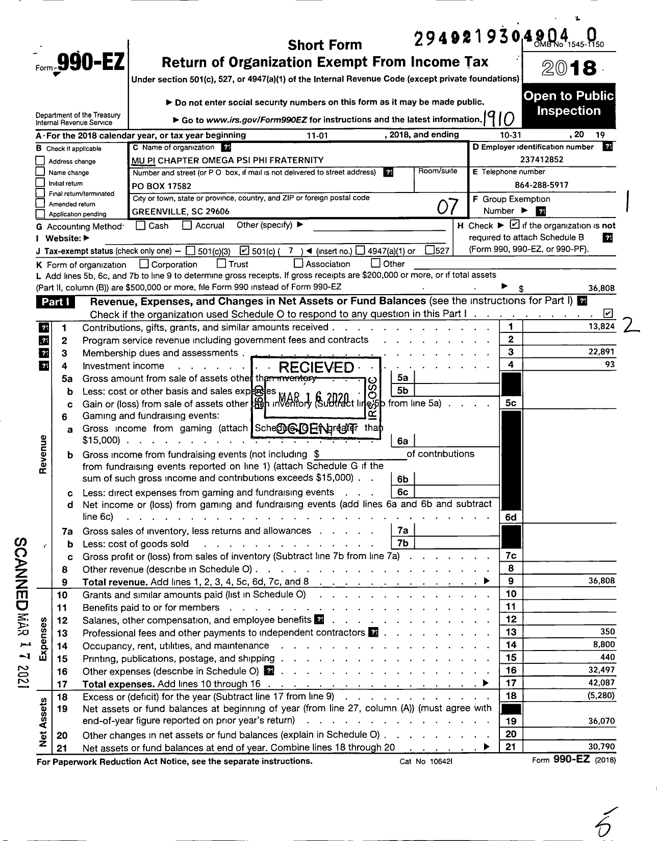 Image of first page of 2018 Form 990EO for Omega Psi Phi Fraternity