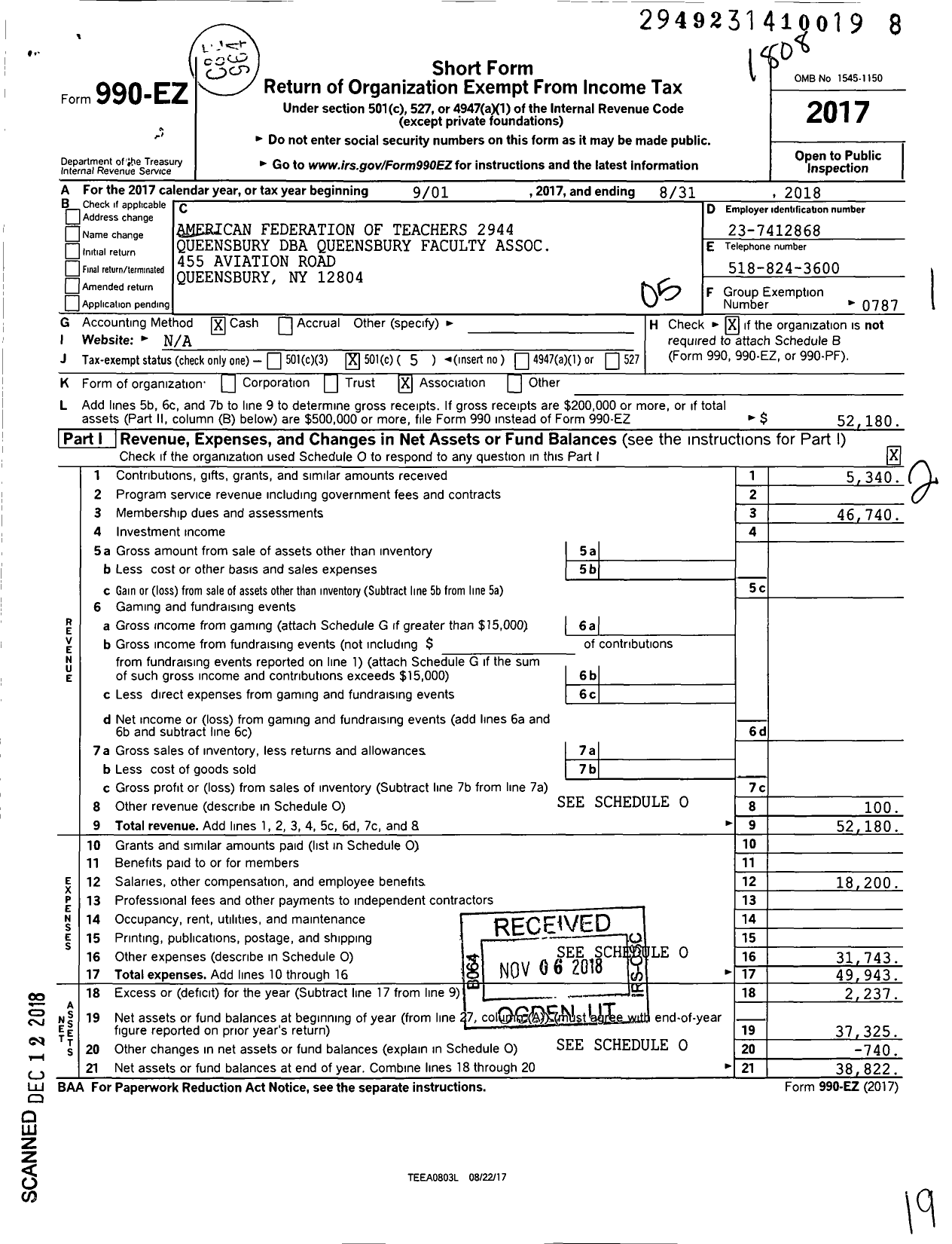 Image of first page of 2017 Form 990EO for American Federation of Teachers - 2944 Queensbury