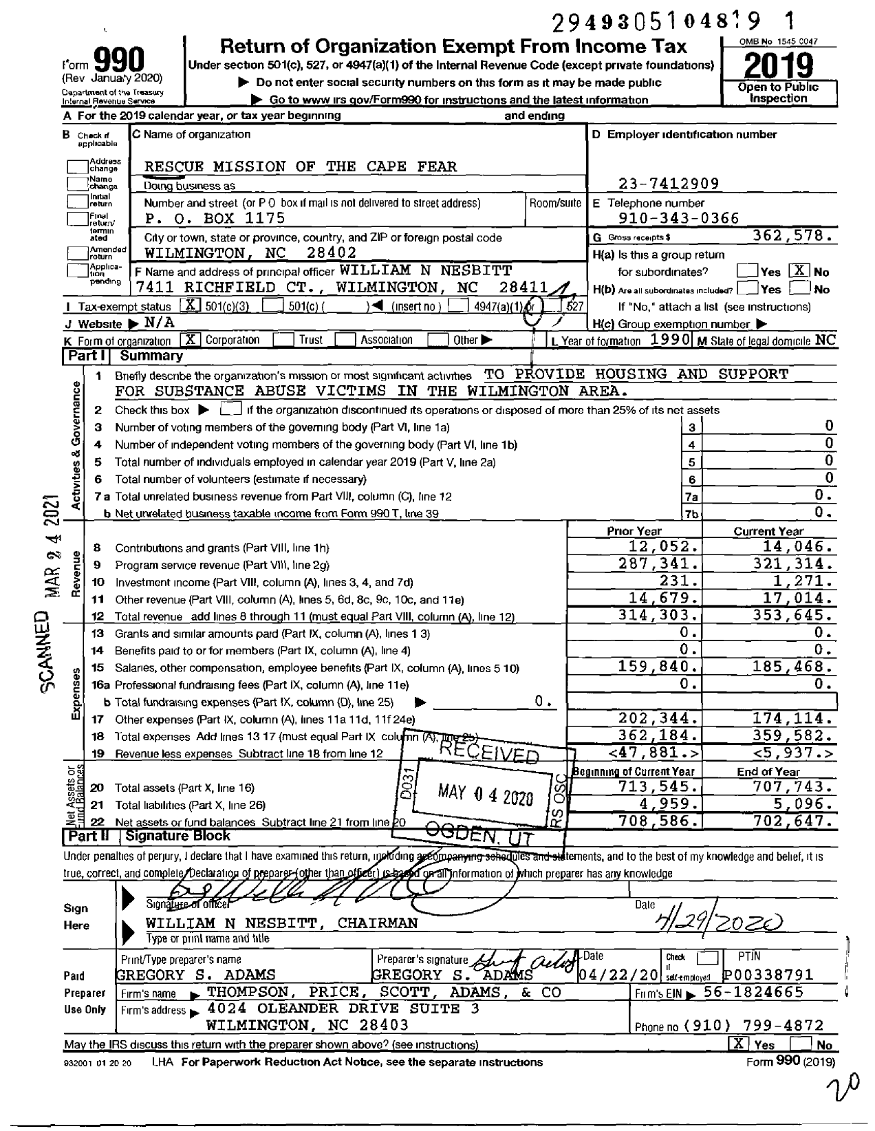 Image of first page of 2019 Form 990 for Rescue Mission of the Cape Fear