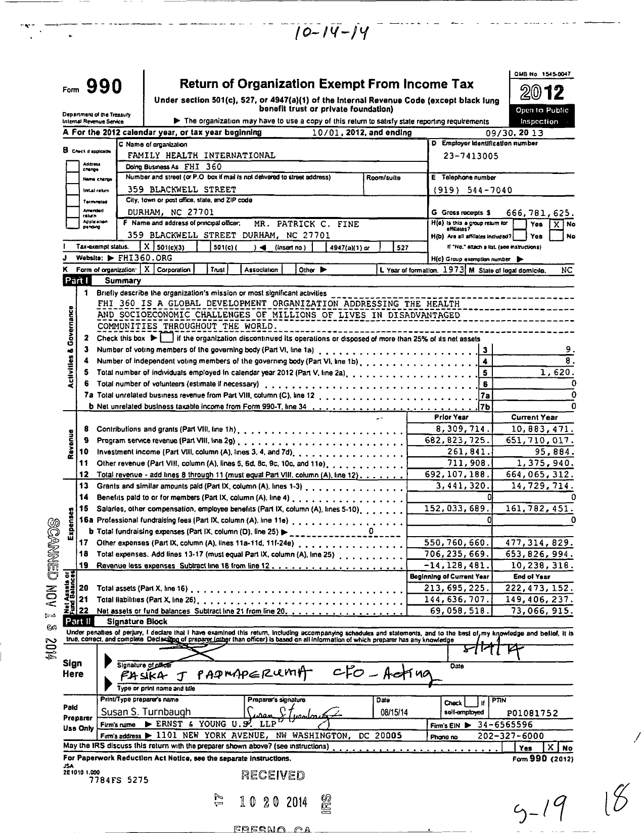 Image of first page of 2012 Form 990 for Fhi 360
