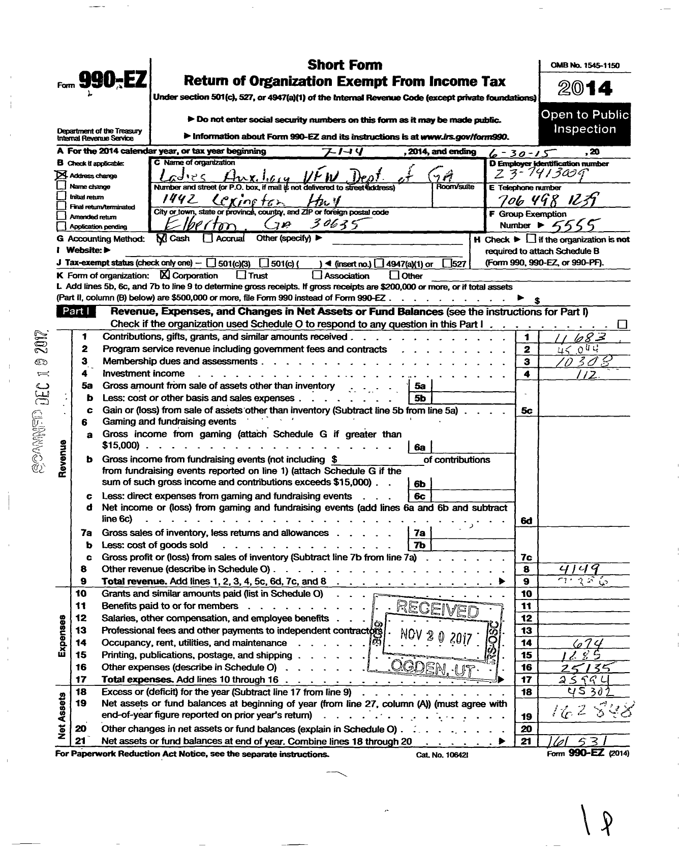 Image of first page of 2014 Form 990EO for VFW of the United States Auxiliary Department of Georgia