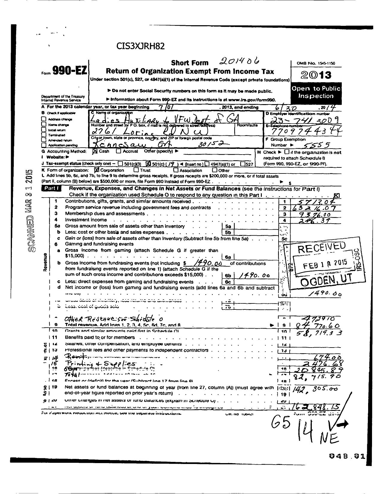 Image of first page of 2013 Form 990EO for VFW of the United States Auxiliary Department of Georgia