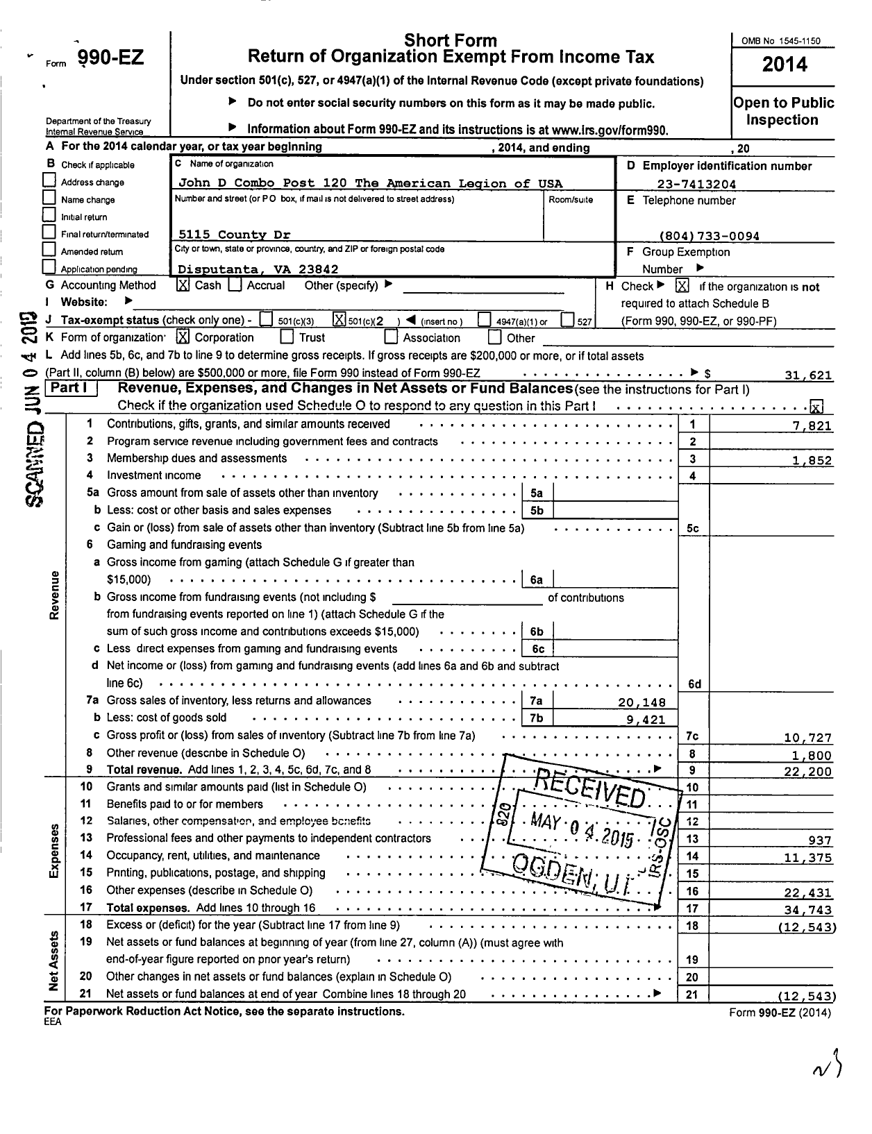 Image of first page of 2014 Form 990EO for American Legion - 120 John D Combo