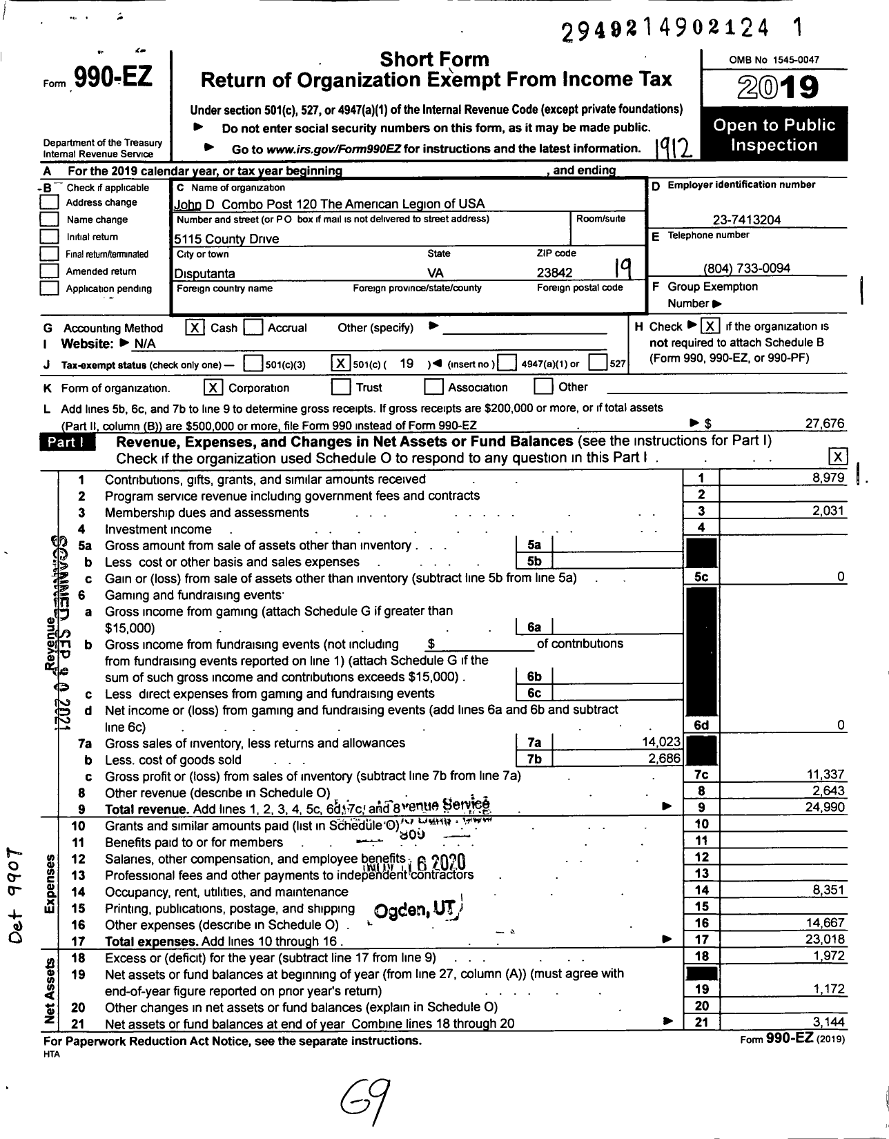 Image of first page of 2019 Form 990EO for American Legion - 120 John D Combo