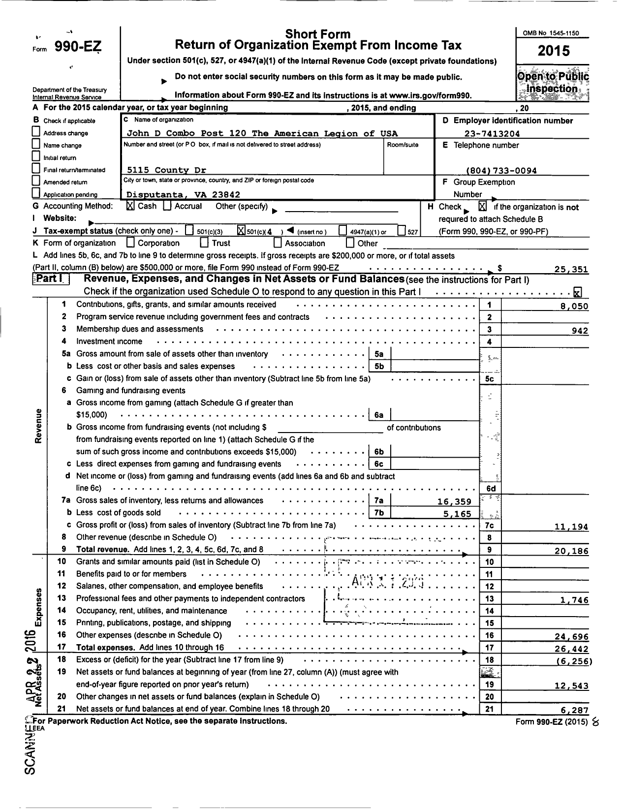 Image of first page of 2015 Form 990EO for American Legion - 120 John D Combo