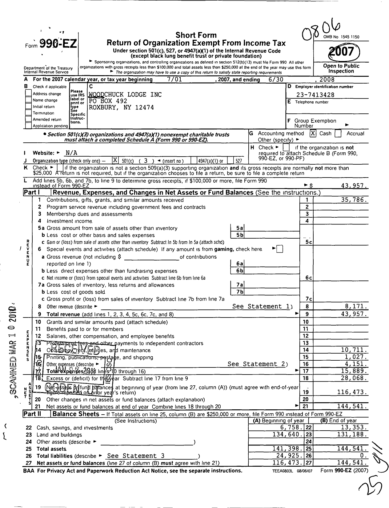 Image of first page of 2007 Form 990EZ for John Burroughs Woodchuck Lodge