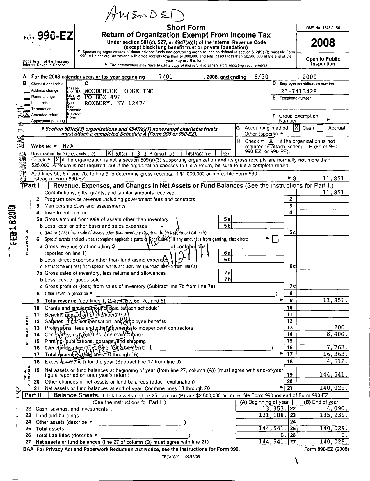 Image of first page of 2008 Form 990EZ for John Burroughs Woodchuck Lodge