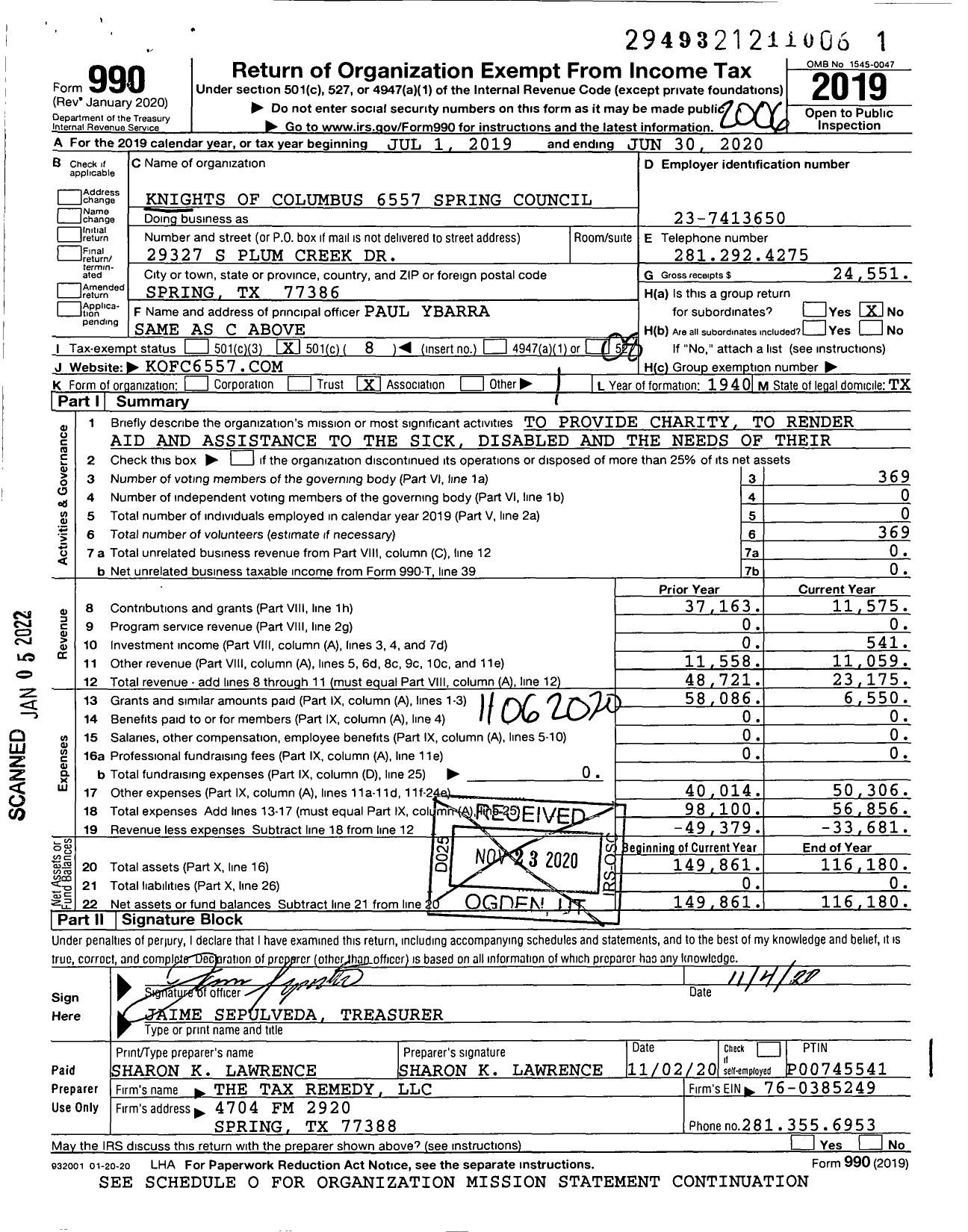 Image of first page of 2019 Form 990O for Knights of Columbus - 6557 Spring Council